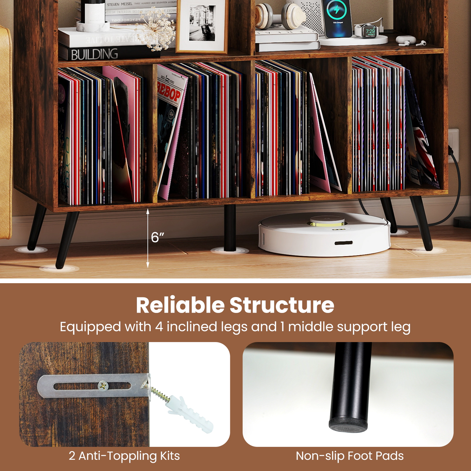 Glintex 40-Inch Record Player Stand with 4 Record Compartments and Charging Ports, Rustic Brown