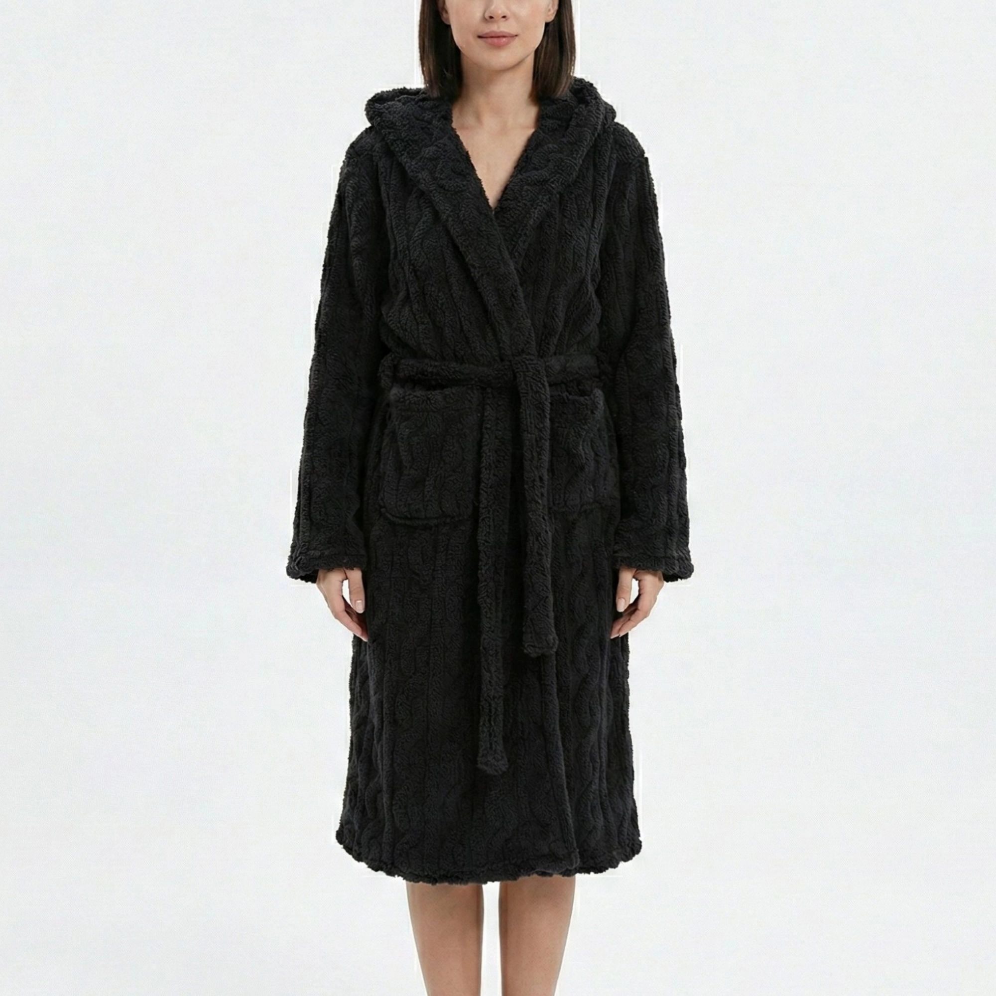 Anna-Kaci Women's Plush Hooded Bathrobe with Textured Fleece Fabric Adjustable Waist Tie Wrap Design and Front Pockets