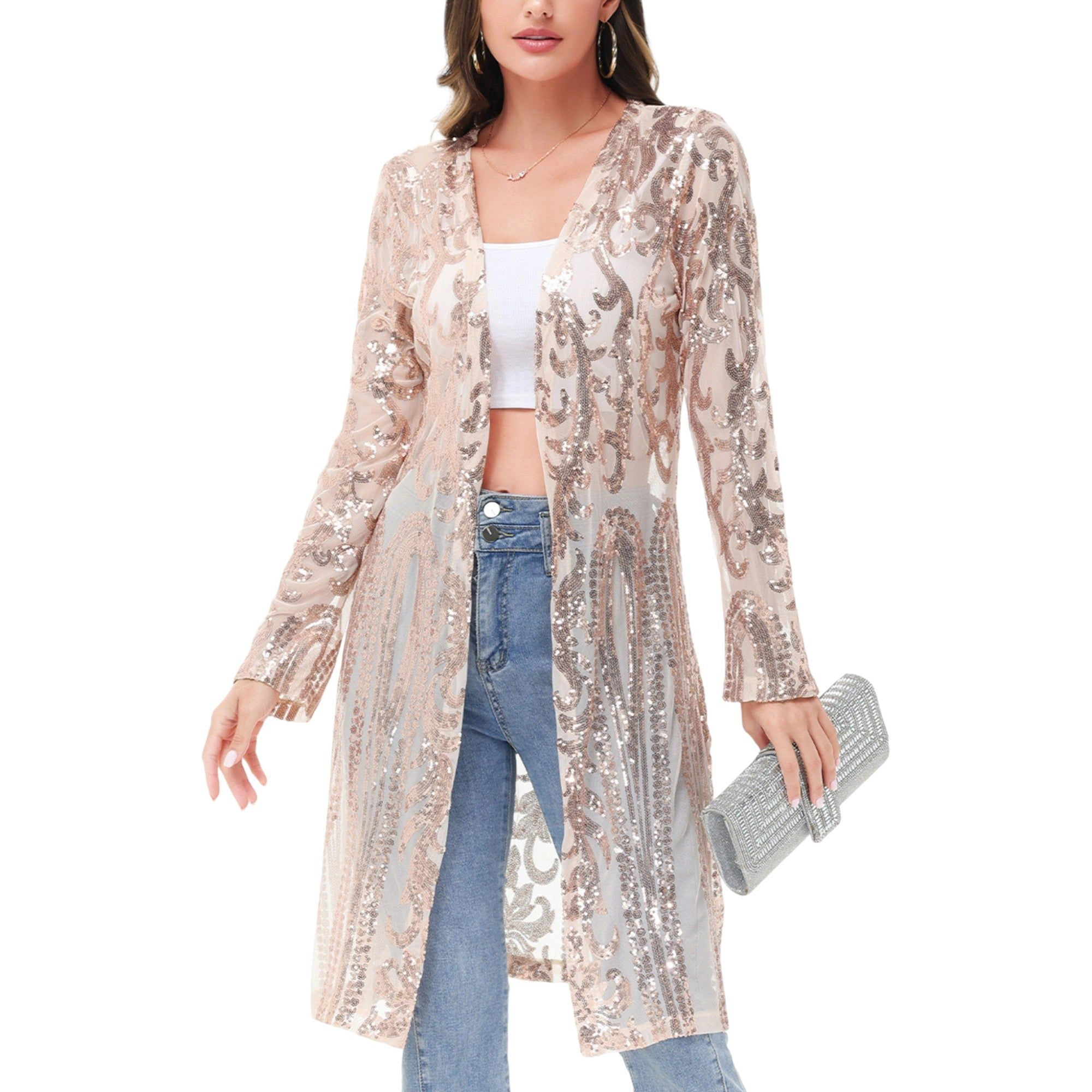 Anna-Kaci Women's Long Sequin Cardigan Open Front Sheer Duster Jacket