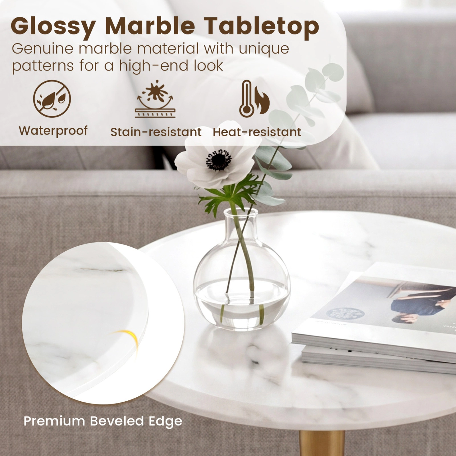 SUGIFT Genuine Marble Round Side Table with Wooden Base 135-lb Capacity 21.5-in Top White and Gold