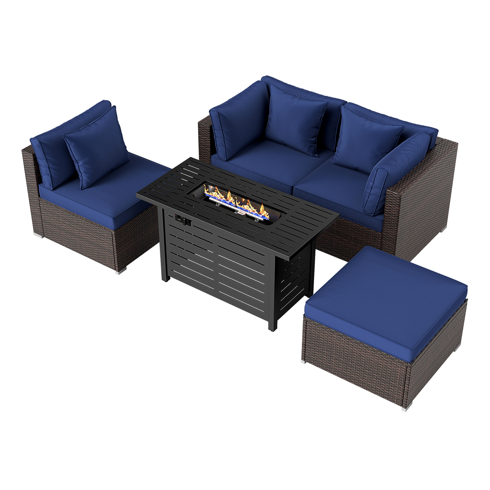 SUGIFT 5-Piece Navy Rattan Patio Sectional Set with 60,000-BTU Fire Pit Table