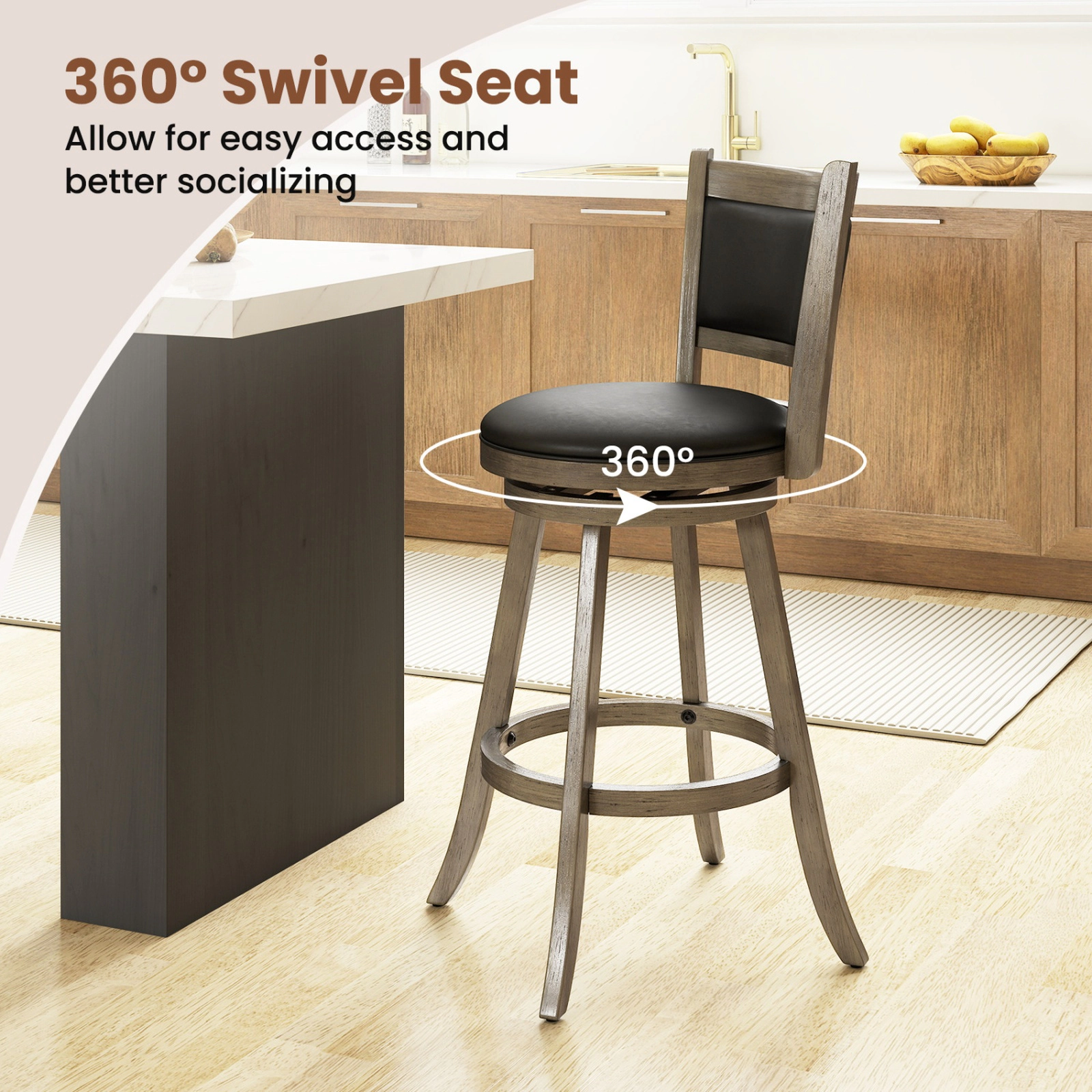 SUGIFT PVC Cushioned Seat and Backrest Set of 2 Gray 29 in Wooden Swivel Bar Stools