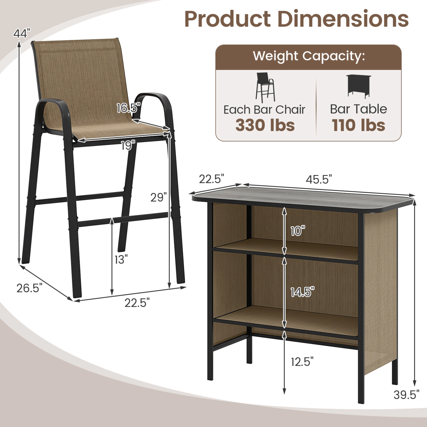 LJG 3 Piece Outdoor Bar Set with Footrest and 2-Tier Shelf