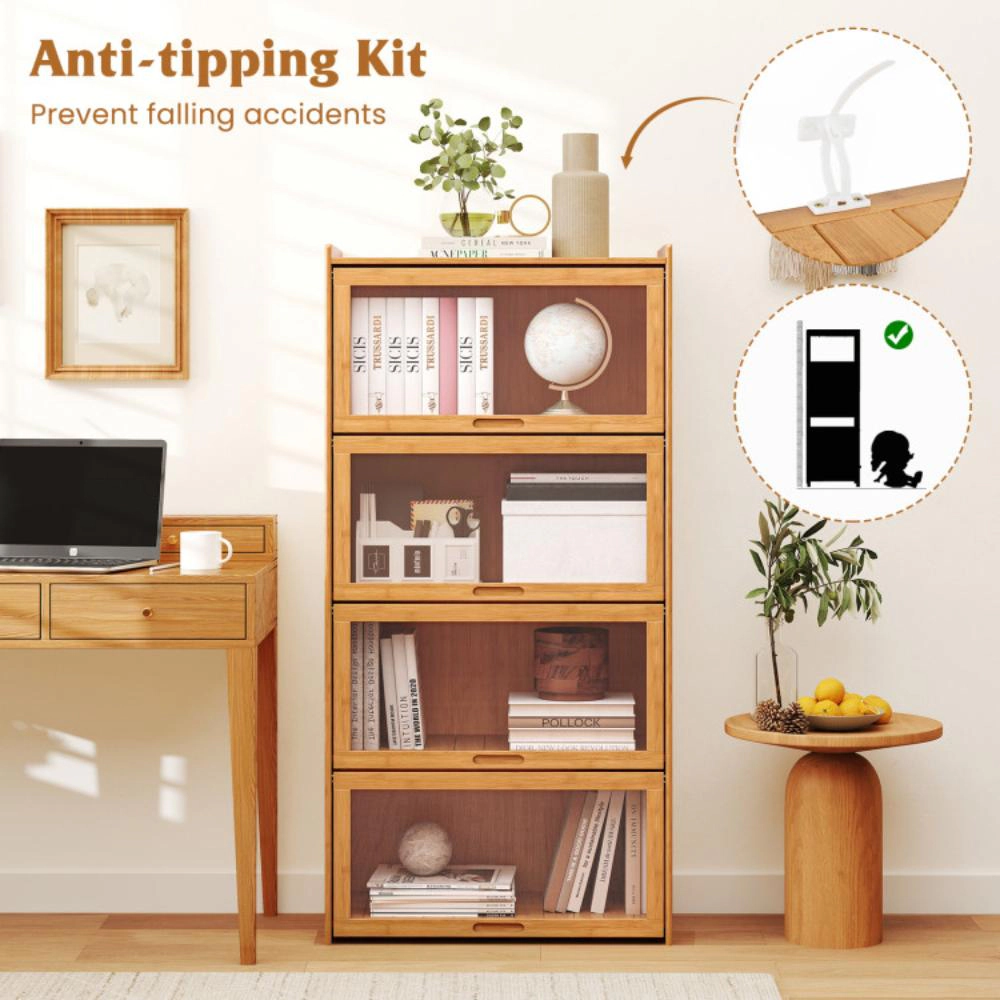 Hivvago 4-Tier Bamboo Bookcase with Doors for Study Room Living