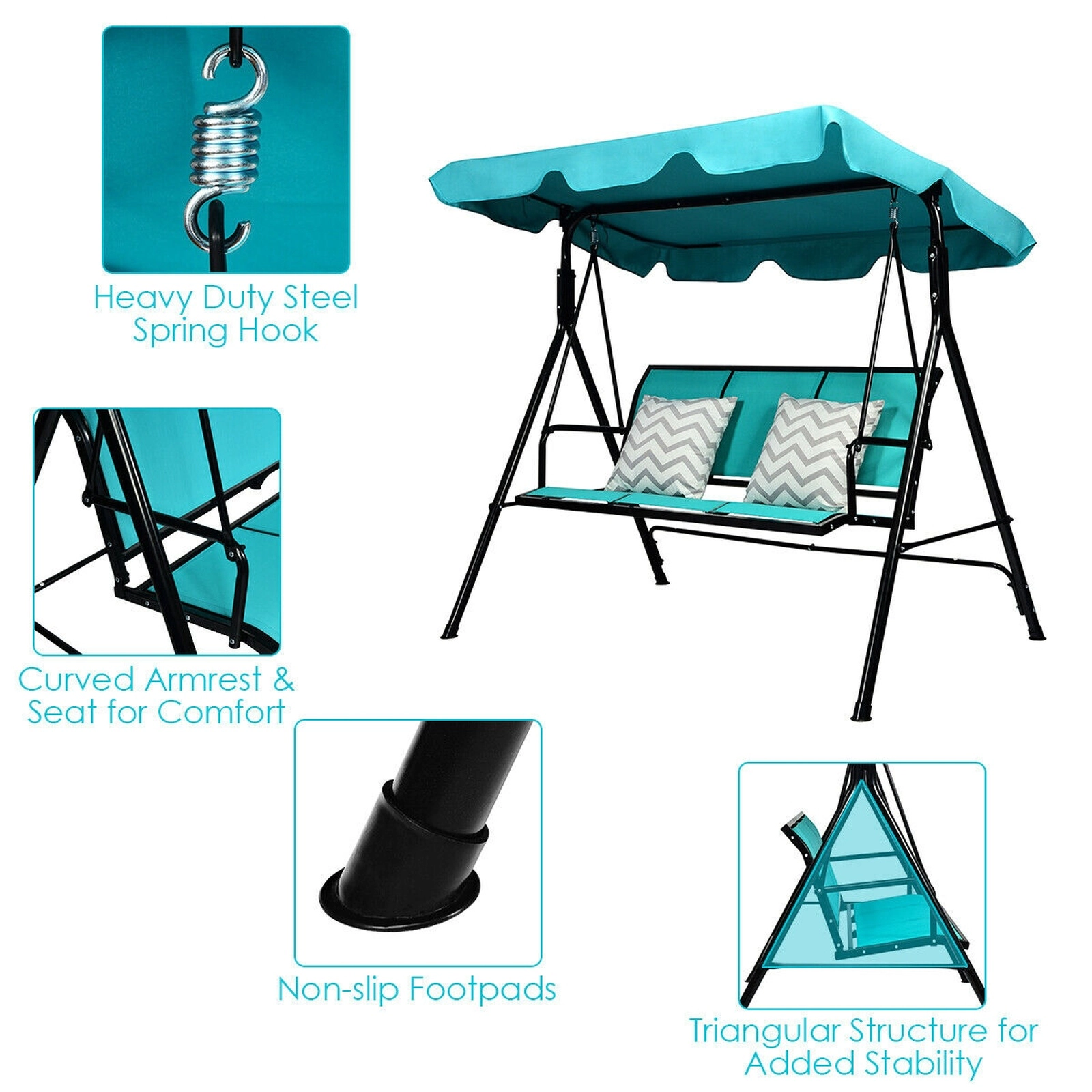 SUGIFT 3 Person Porch Swing Blue Outdoor Patio Swing Bench with Canopy and Steel Frame