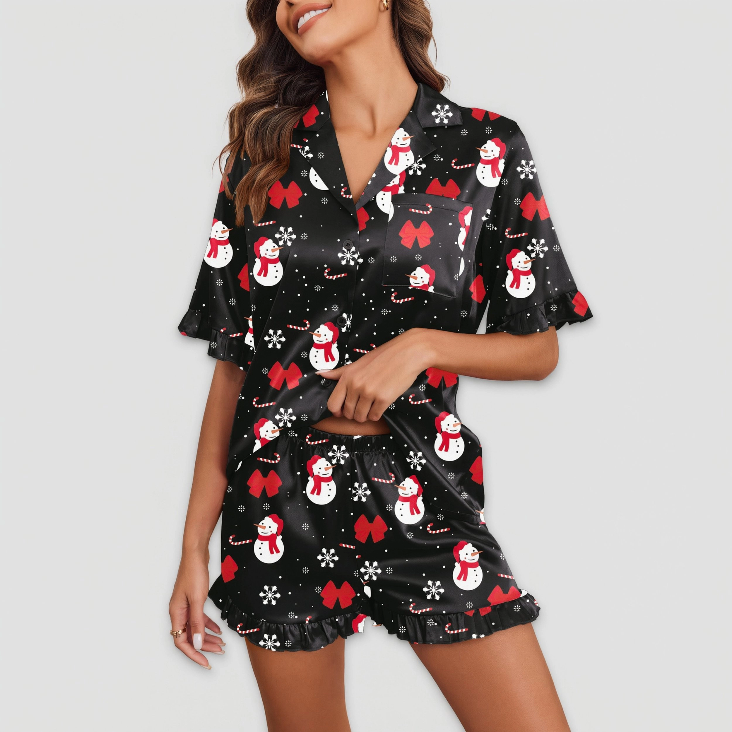 Ekouaer Satin Pajama Set Button Down Silk Two Piece Sets Ruffle Short Sleeve Sleepwear