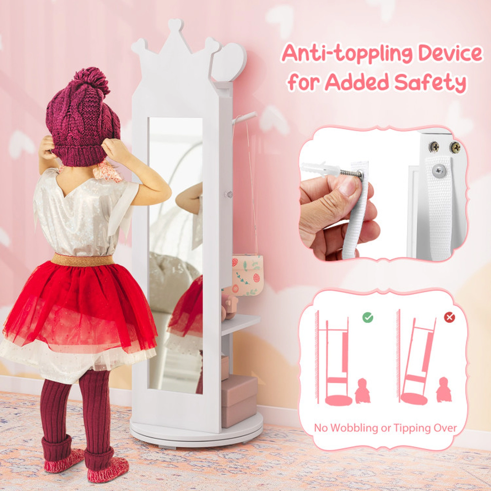 SUGIFT Kids Vanity Table and Stool Set with Full-Length Mirror Jewelry Cabinet and Storage Drawer