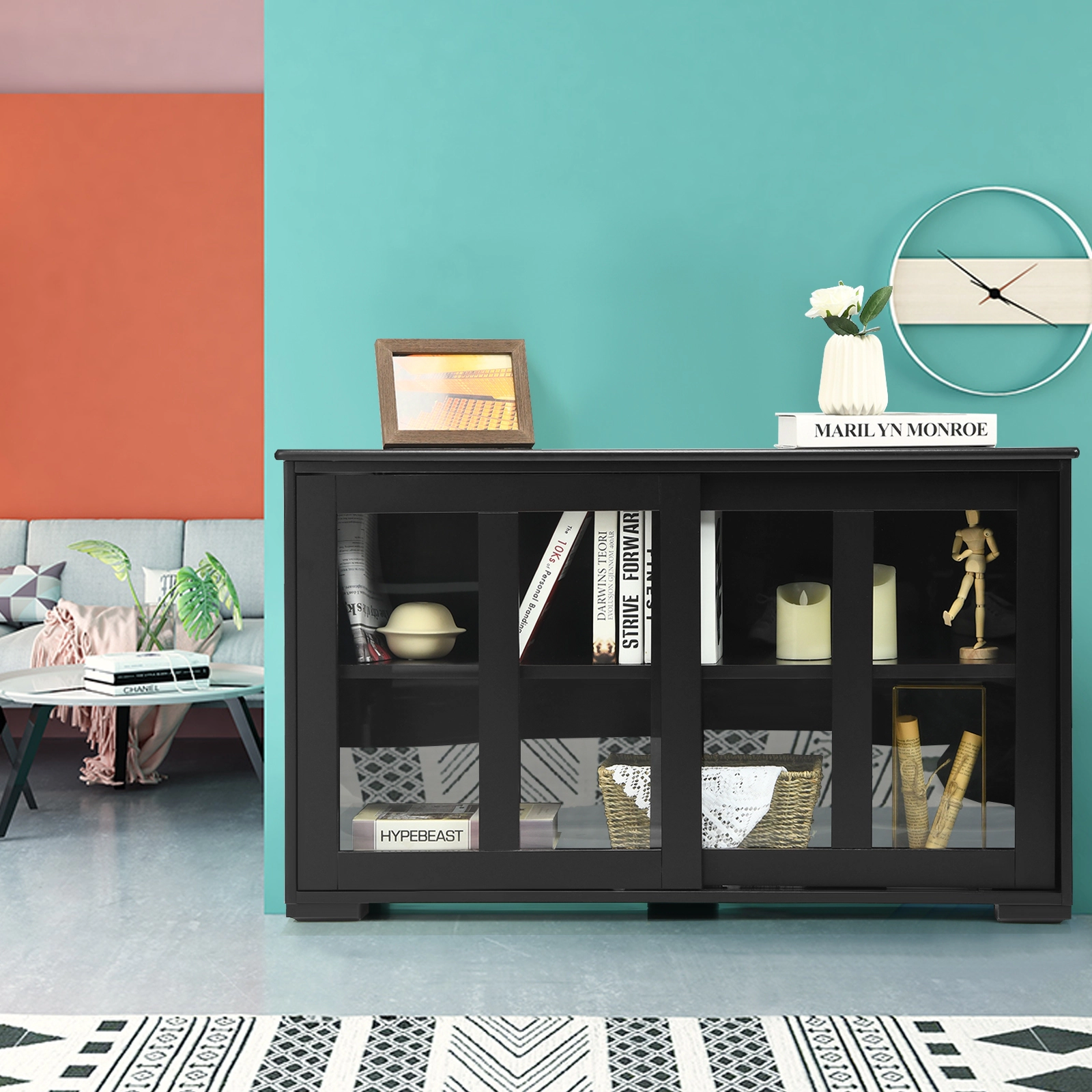 SUGIFT Painted MDF Kitchen Storage Cabinet with Sliding Tempered Glass Doors 24.5-in Tall Black
