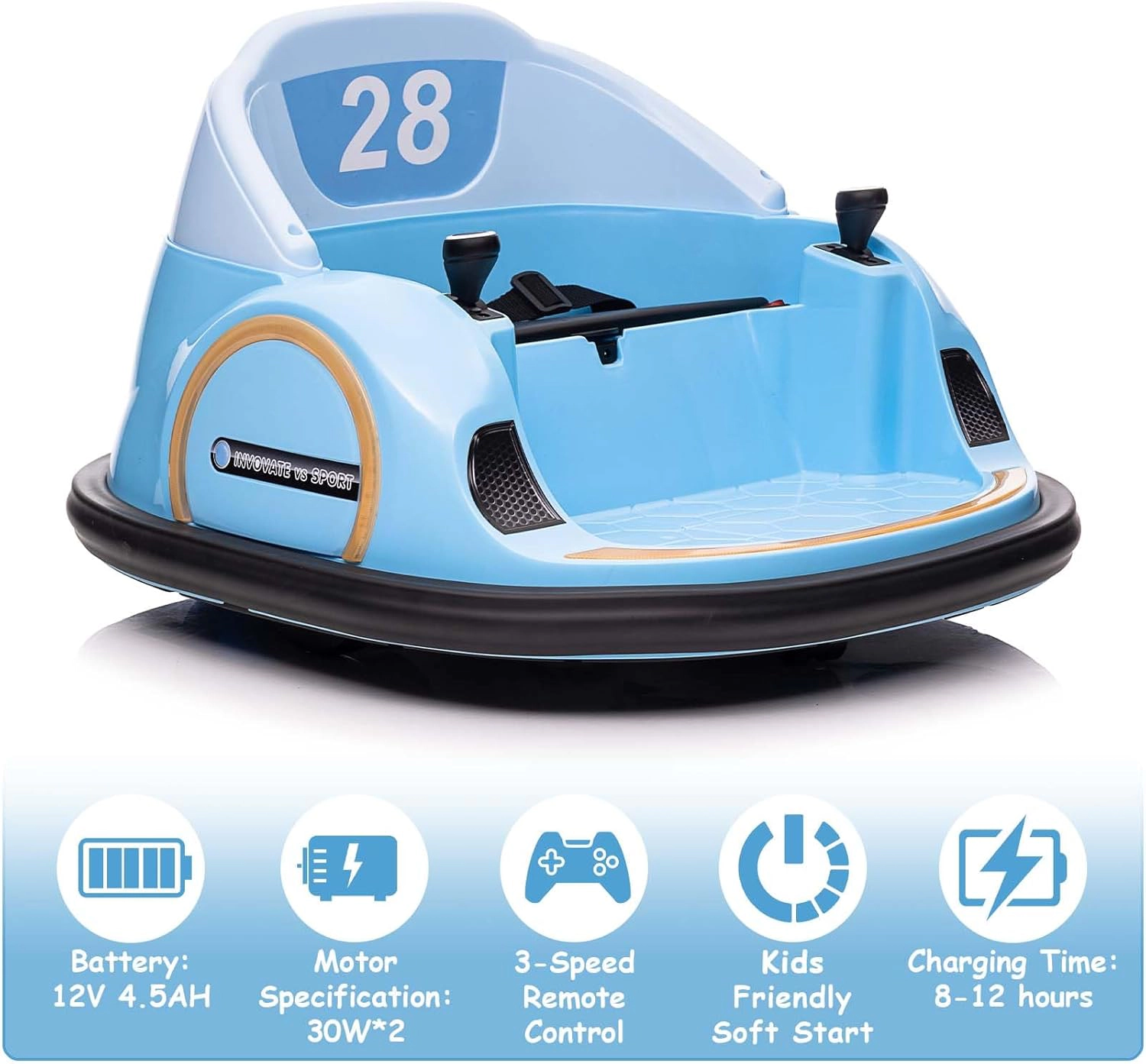 12V Kids Electric Bumper Car with Remote Control, 360 Degree Spin, LED Lights,Music & Battery Display, Dual 30W Motors