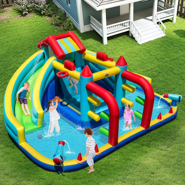 Hivvago Inflatable Double Water Slide Park with Obstacle Course and Basketball Hoops
