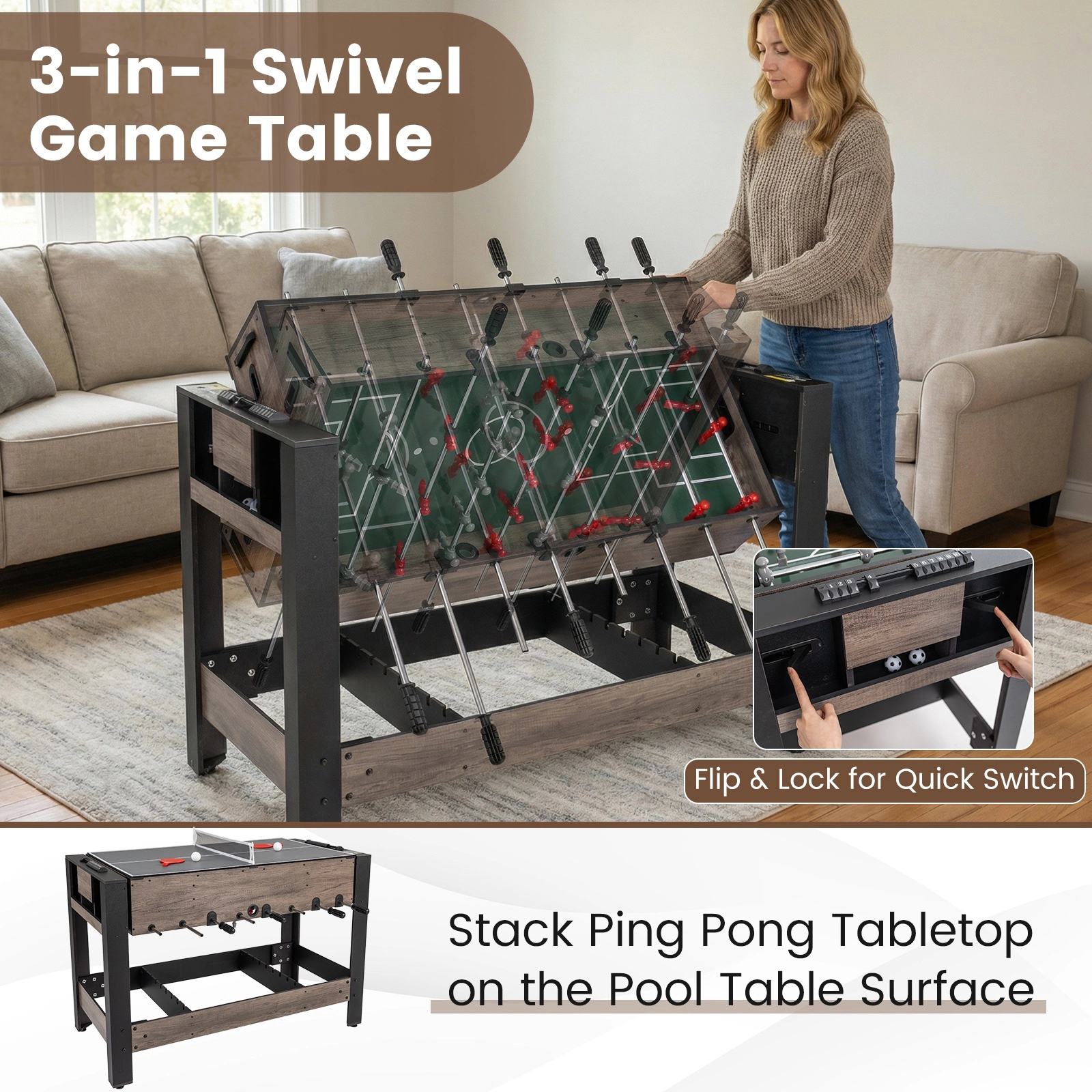 SUGIFT 3-in-1 Flip-Top Combo Game Table with Foosball Pool and Table Tennis 49-in Frame Black & Brown