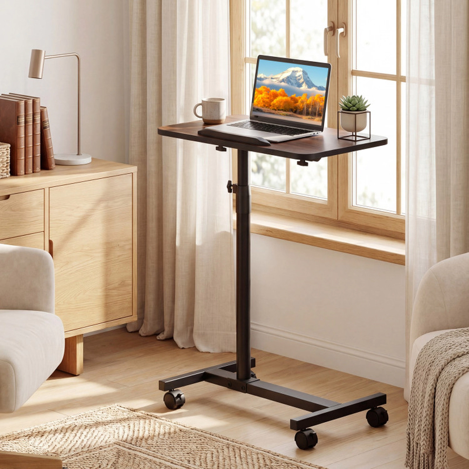 SUGIFT Adjustable Height Rolling Lap Desk Over Bed Food and Laptop Table 33-lb Capacity Brown Black Walnut