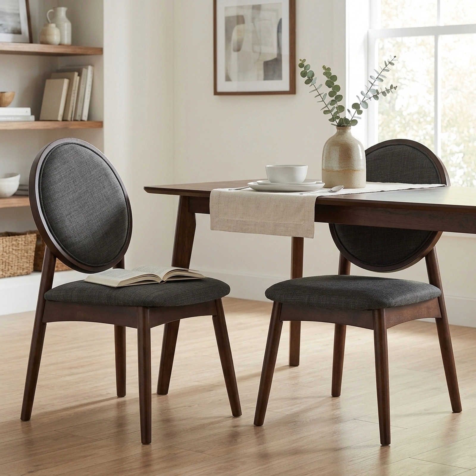 SUGIFT Set of 2 Black Linen Upholstered Dining Chairs, Mid-Century Modern