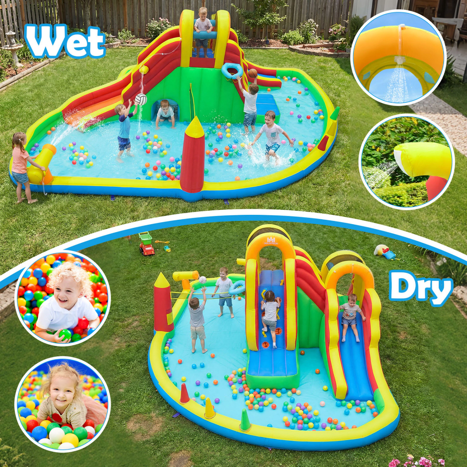 LJG Kids 8-in-1 Giant Bounce House with 2 Long Slides for Yard Party with 780W Blower