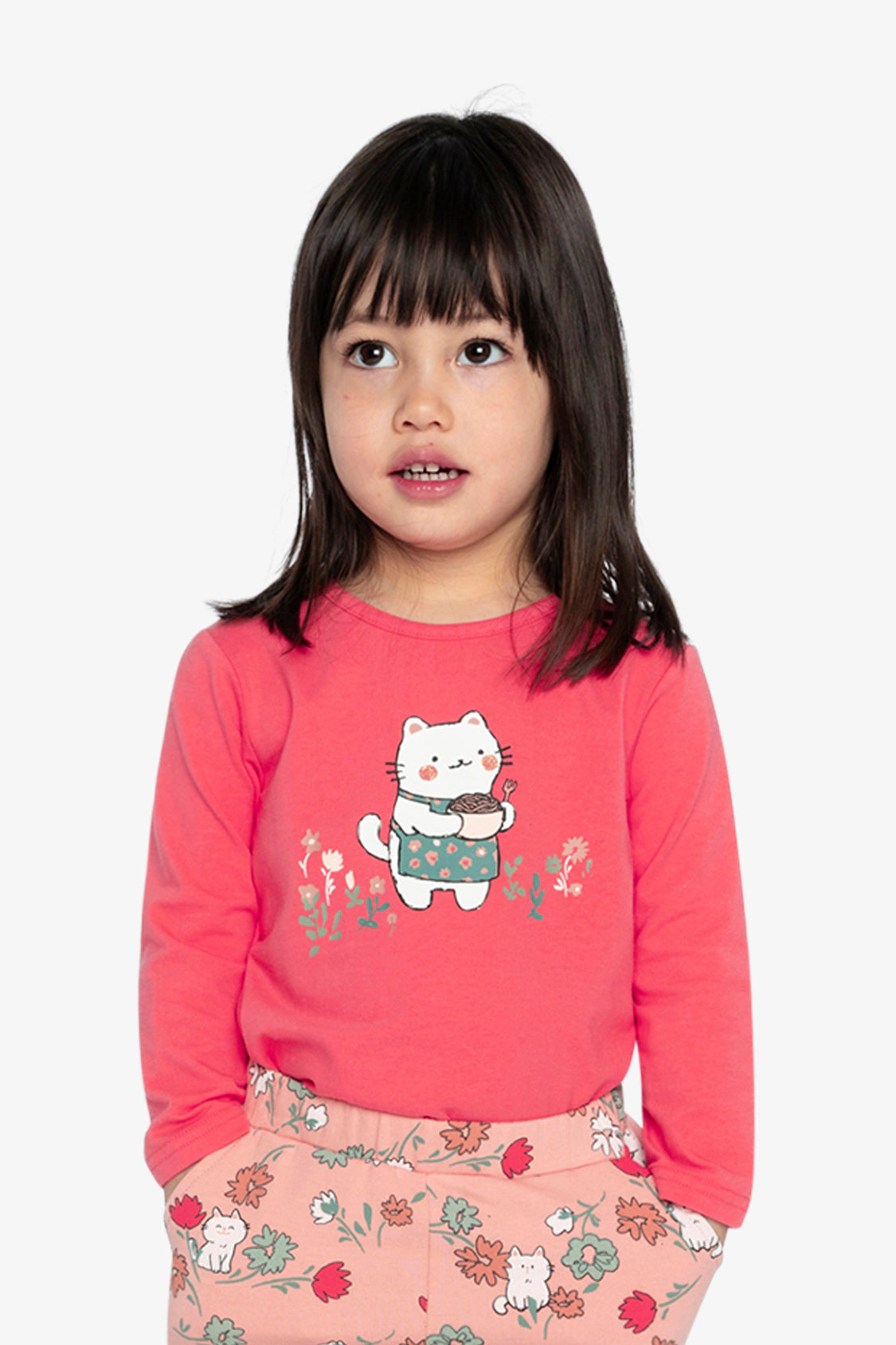 Deux par Girls Cat & Floral Graphic Organic Cotton Long Sleeve T-Shirt