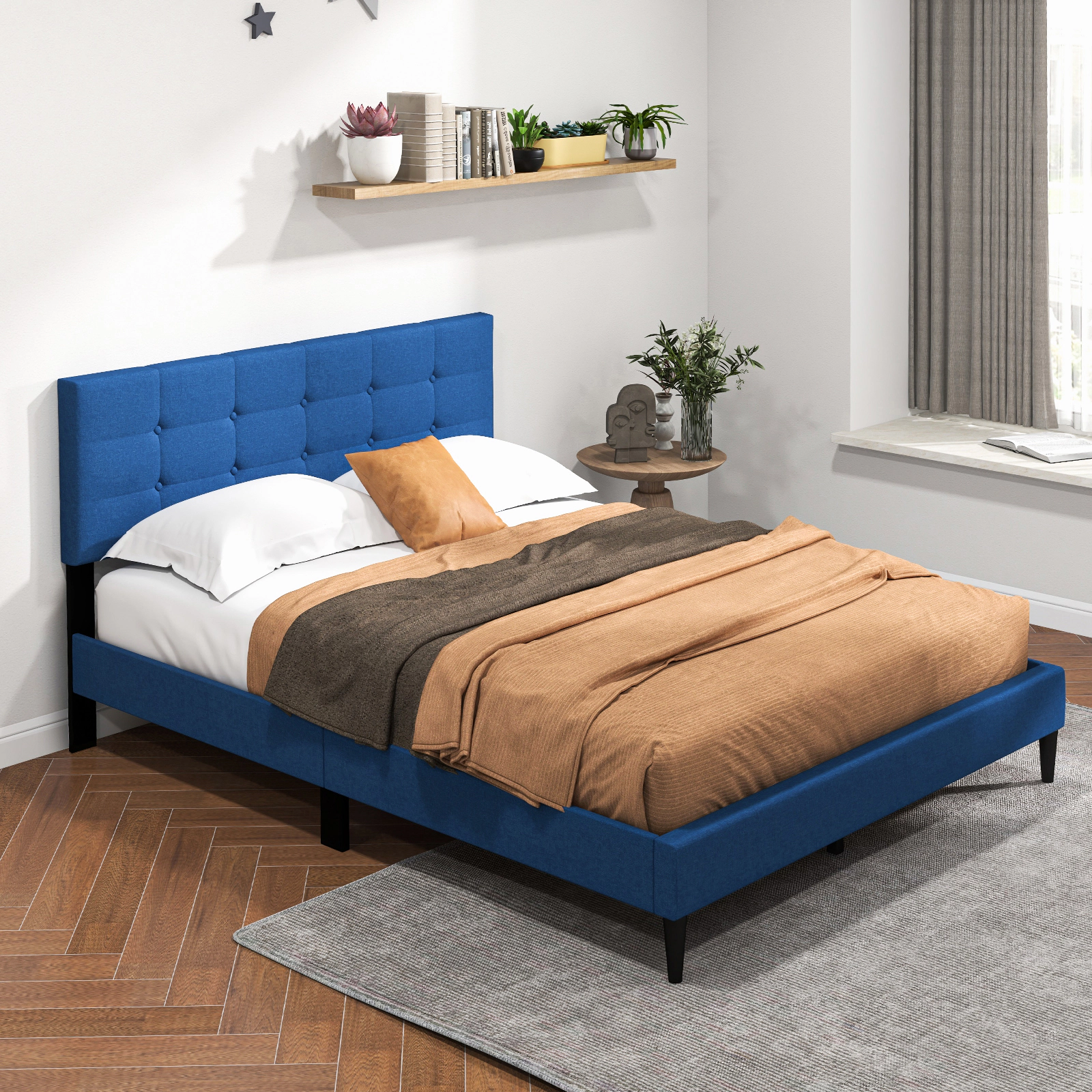 Queen Size Upholstered Platform Bed with Button Tufted Headboard Blue Linen Bed with Wooden Slat Support