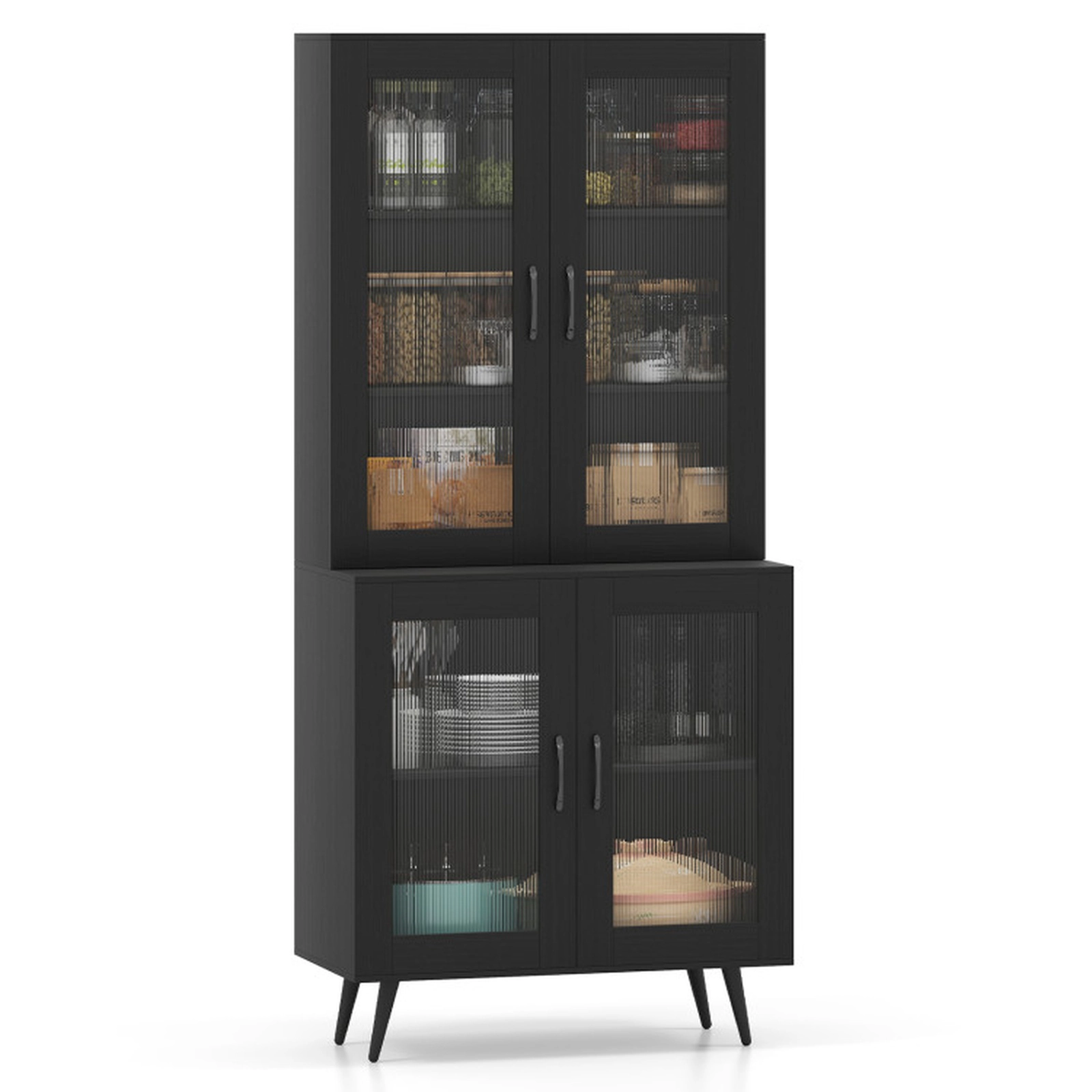 SUGIFT Tall Kitchen Pantry Cabinet Cupboard Sideboard with 4 Transparent Doors Adjustable Shelves Black