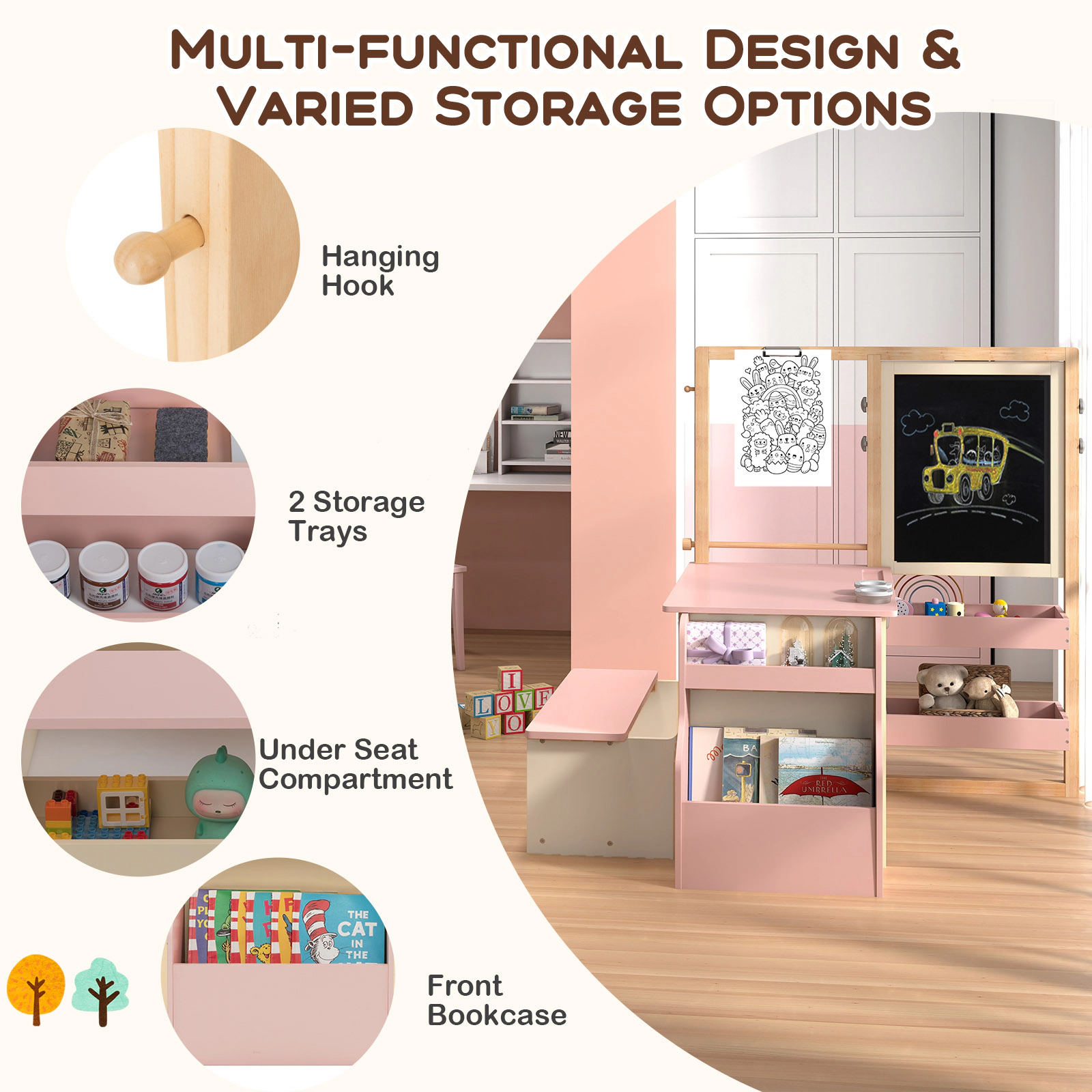 SUGIFT Pink Double-Sided Easel and Paper Roll Kids Art Center Wooden Table and Bench Set