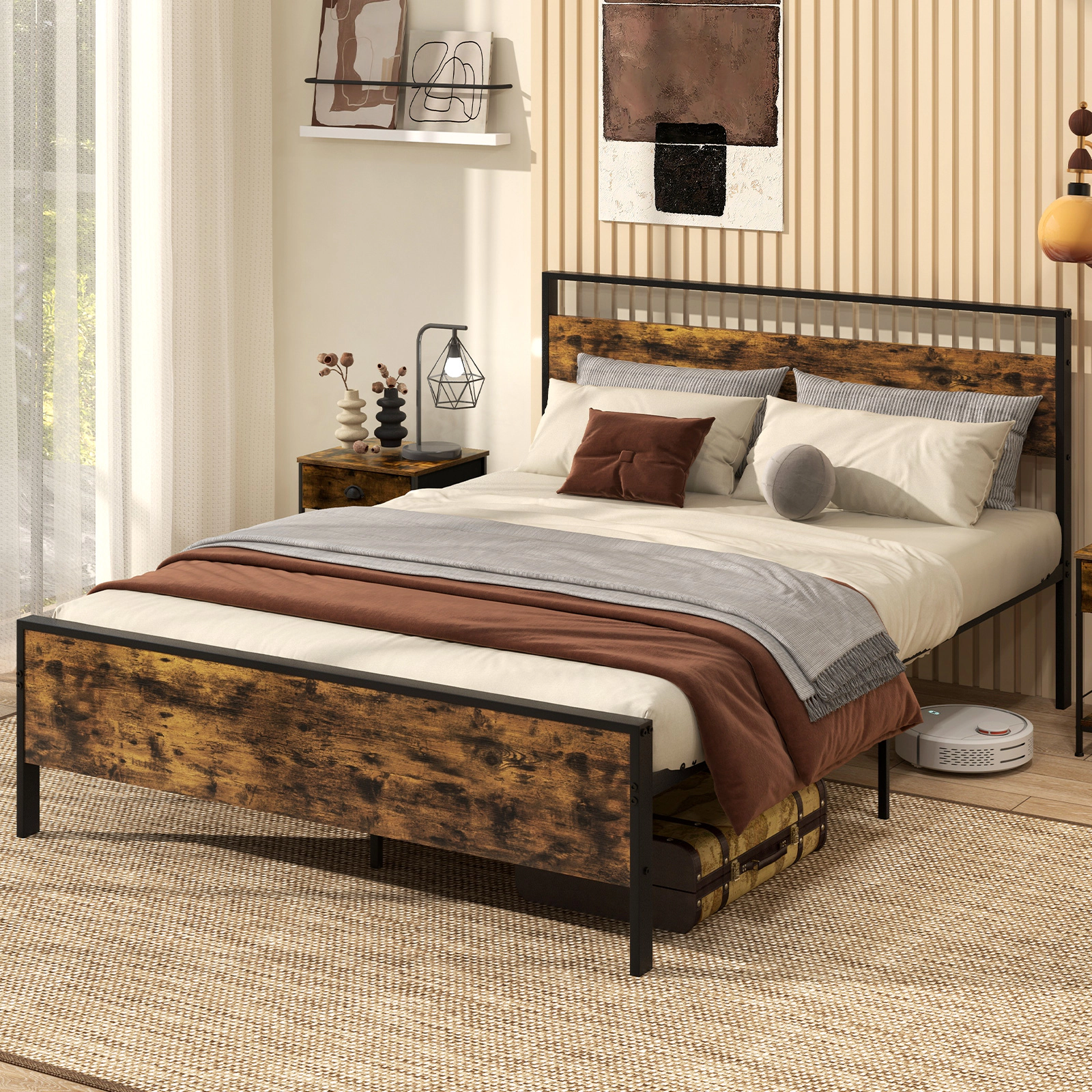 SUGIFT Rustic Wood & Metal Queen Platform Bed Frame with Headboard & Footboard 800-lb Capacity 84-in Length Rustic Brown