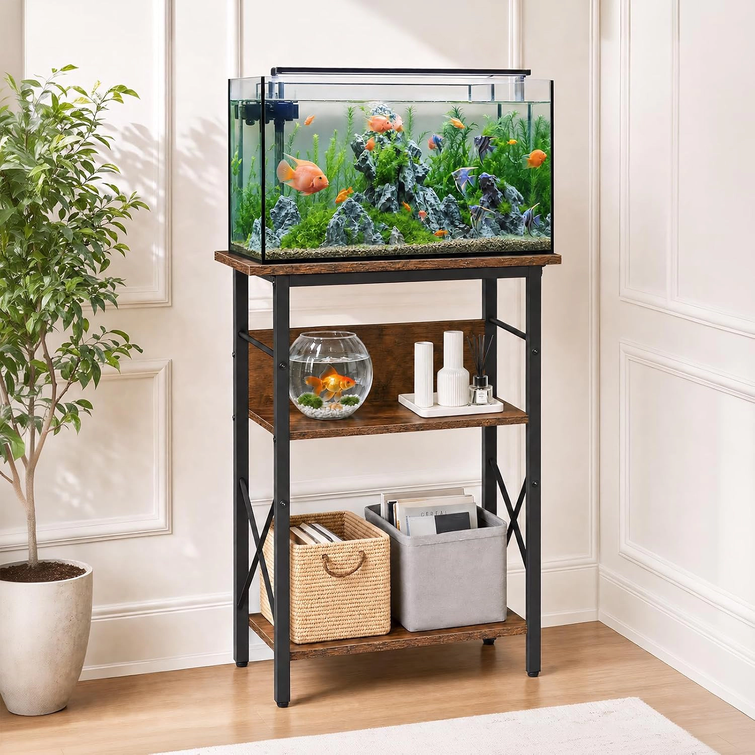 10 Gallon Aquarium Stand, 3-Tier Metal Wood Fish Tank Support with Storage Shelves, Brown
