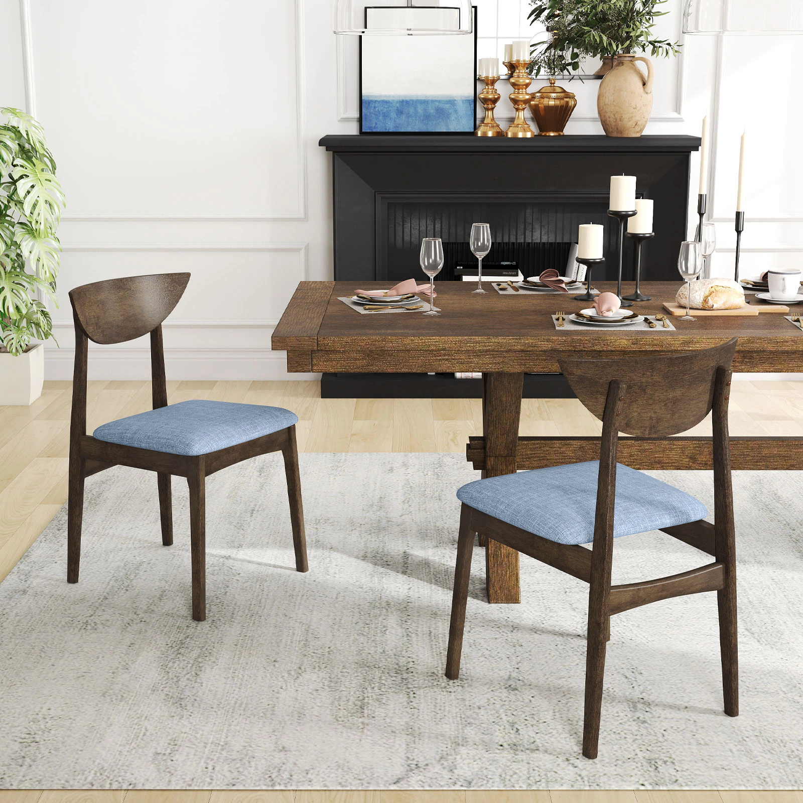 SUGIFT Upholstered Wooden Dining Chair Set of 2 with Rubber Wood Legs 350-Lb Capacity Brown+Gray