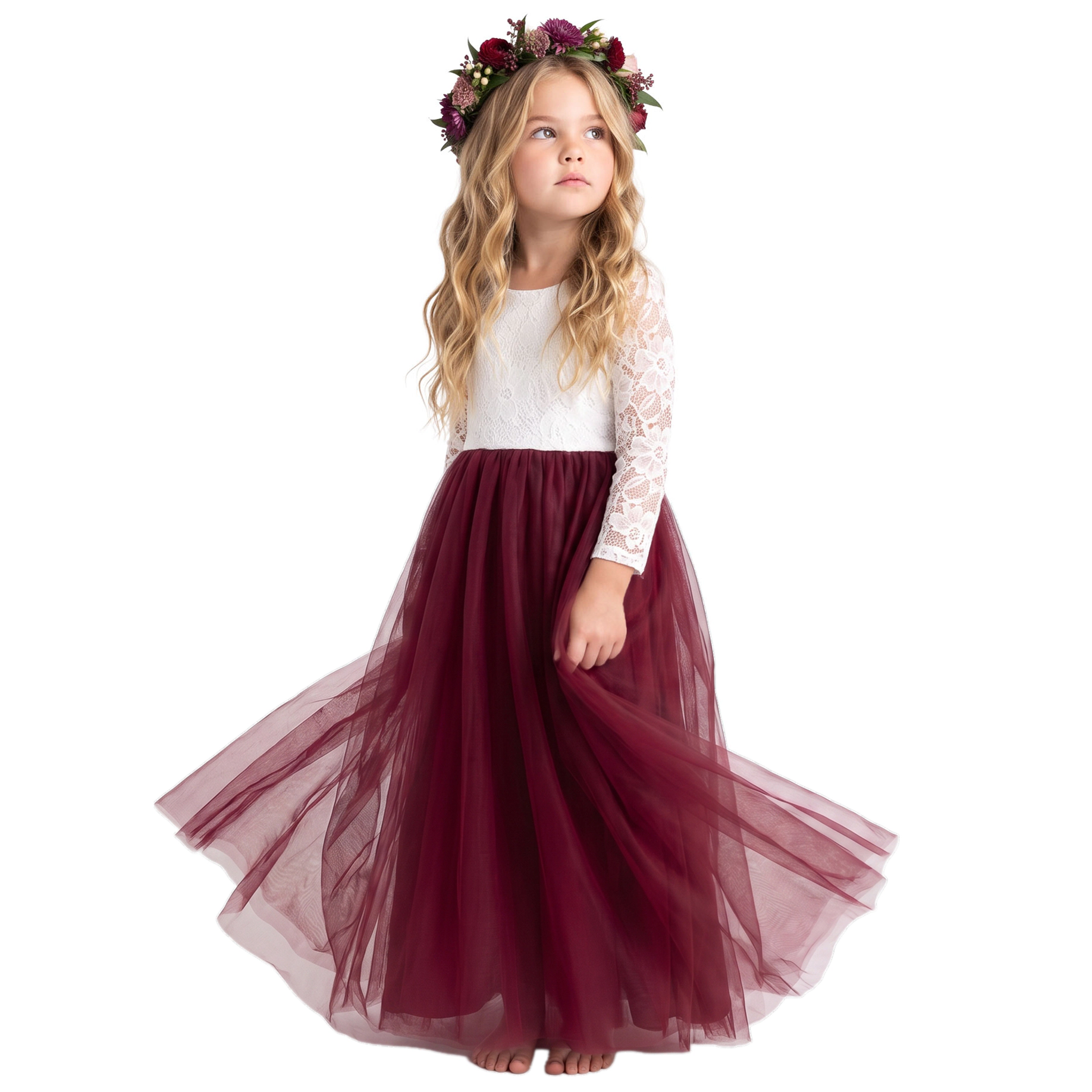 2Bunnies Girls' Peony Lace 3/4-Sleeve Tulle Maxi Boho Flower Girl Dress