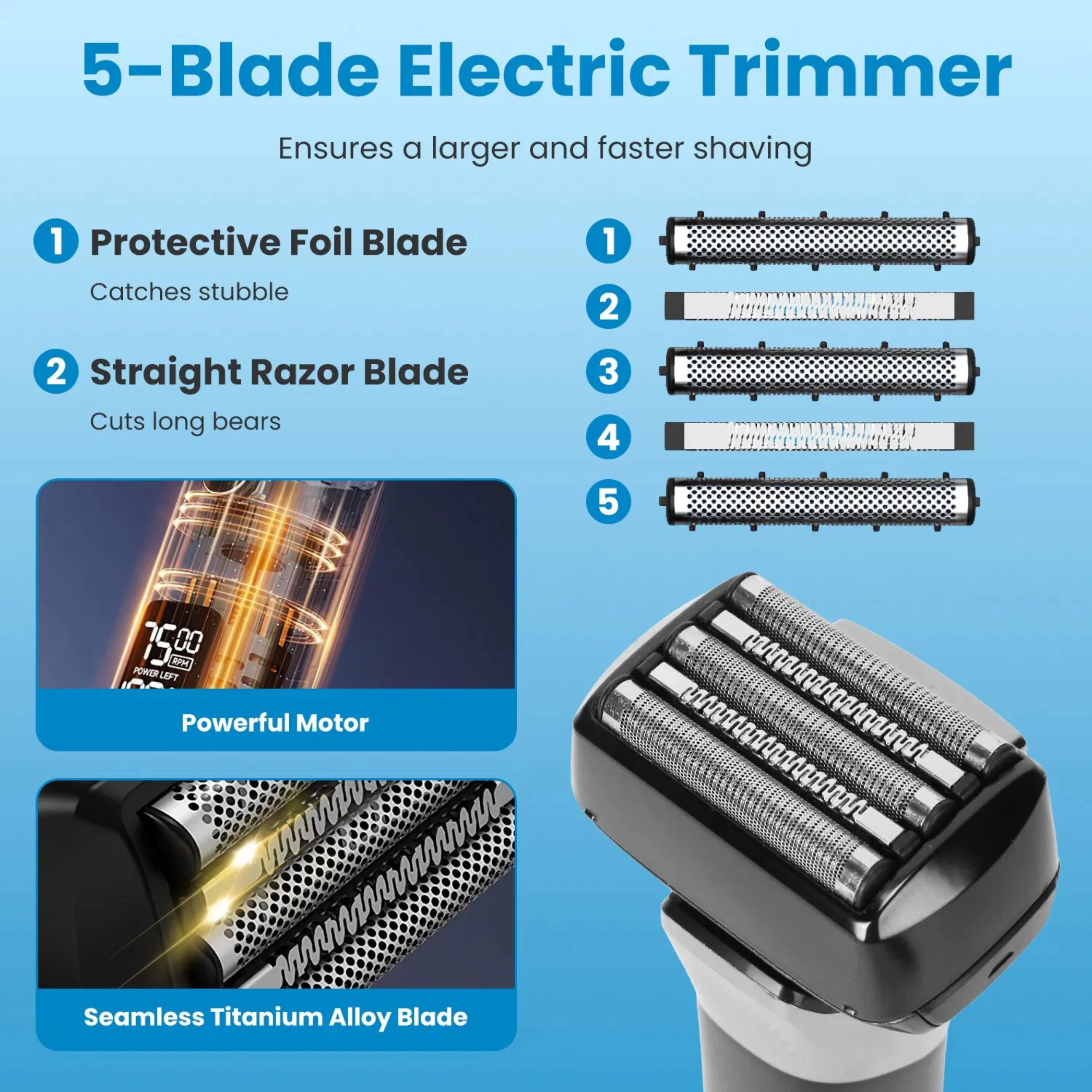 SS Design Men's 5 Blade Electric Foil Face Shaver Waterproof Black