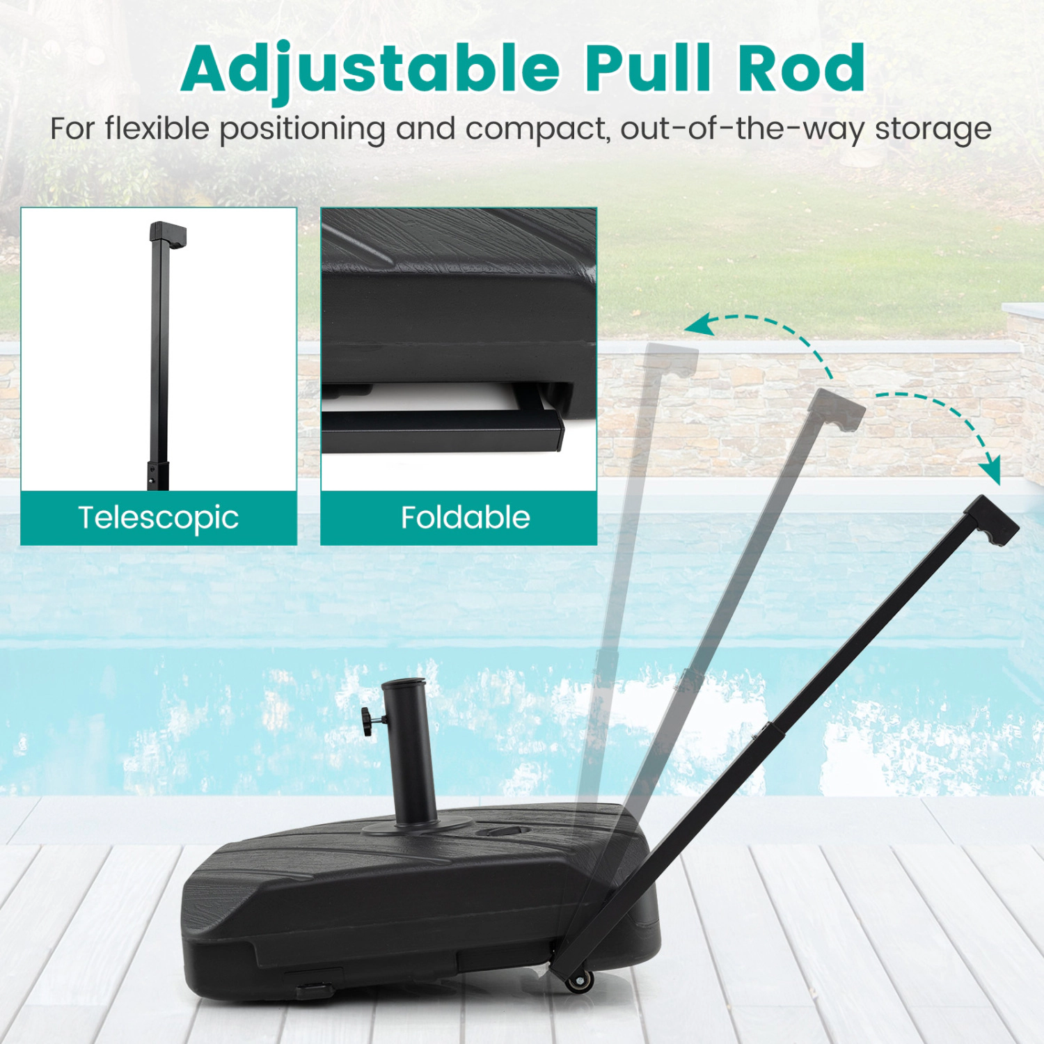 Slickblue Fillable Rolling Patio Umbrella Base with Wheels and Telescopic Pull Handle for Market Umbrellas