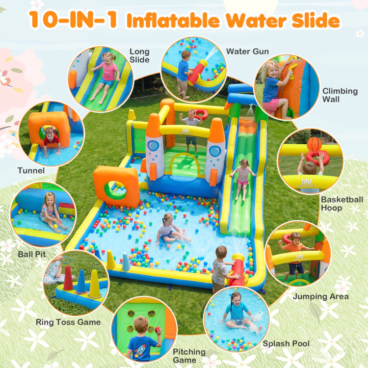 Hivvago 10-in-1 Inflatable Bounce House with Water Slide and 680W Blower for Kids
