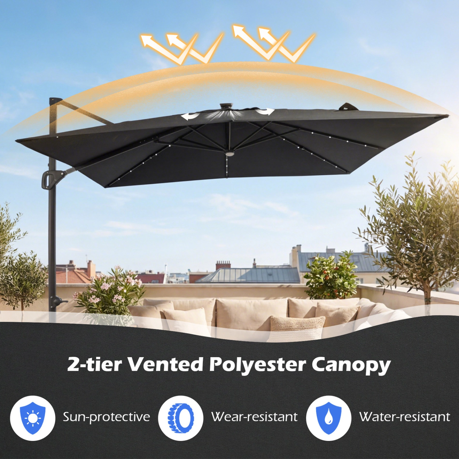 SUGIFT Gray 32 Solar LED Lights and 220 LB Base 10 FT Square Cantilever Patio Umbrella