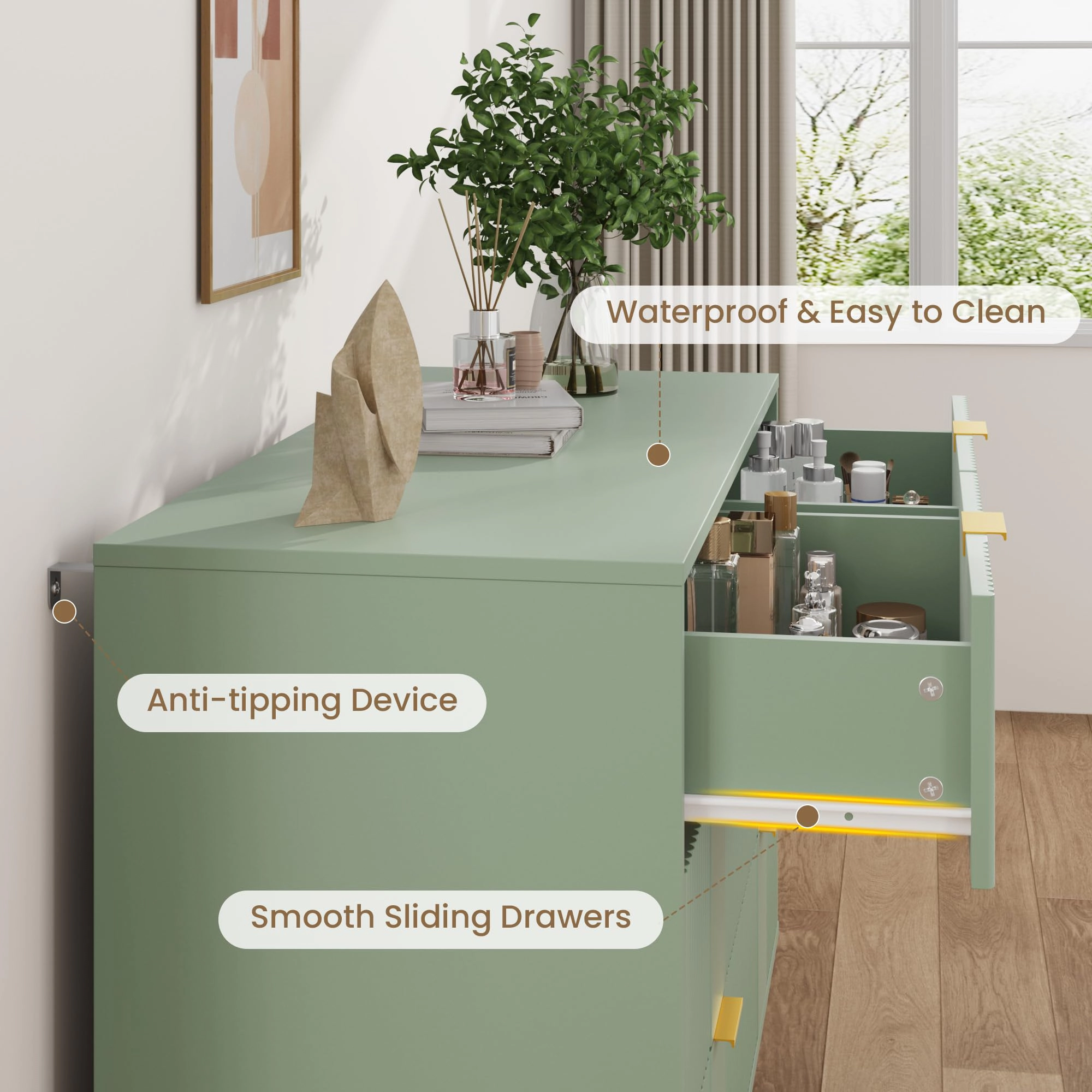 39.4" Fluted 6 Drawer Dresser with Metal Handles, Modern Wood Storage Chest for Bedroom
