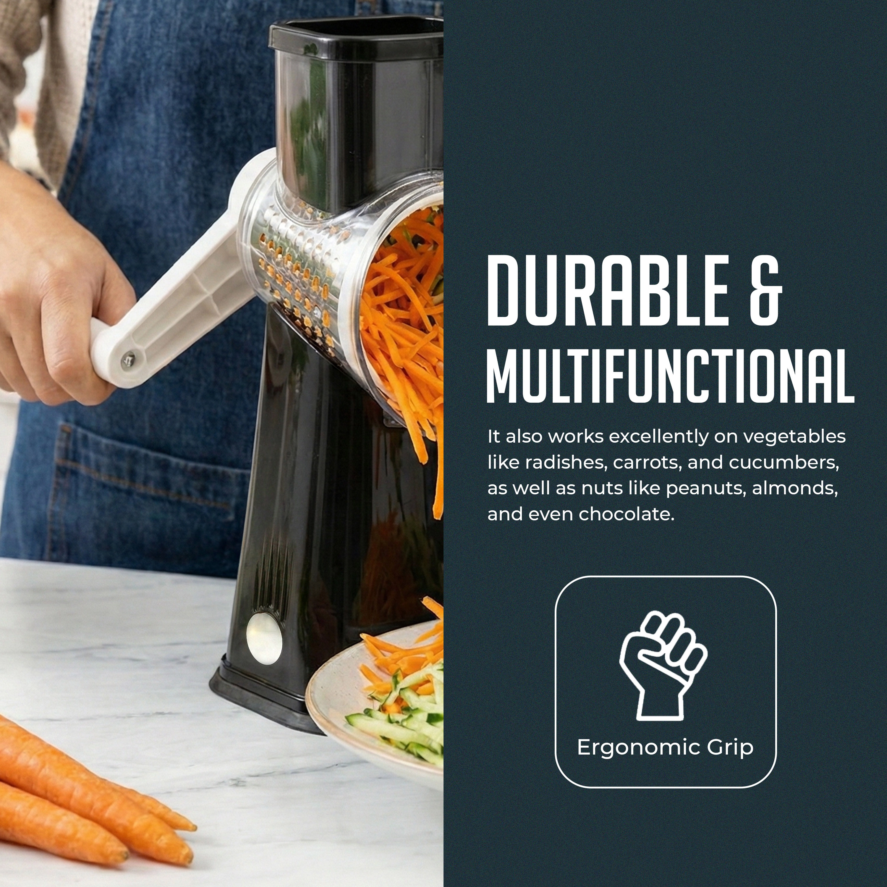 Luminuxe Rotary Cheese Grater w/ Handle, Manual Shredder Strong Suction Base. Kitchen Mandoline Vegetable Slicer