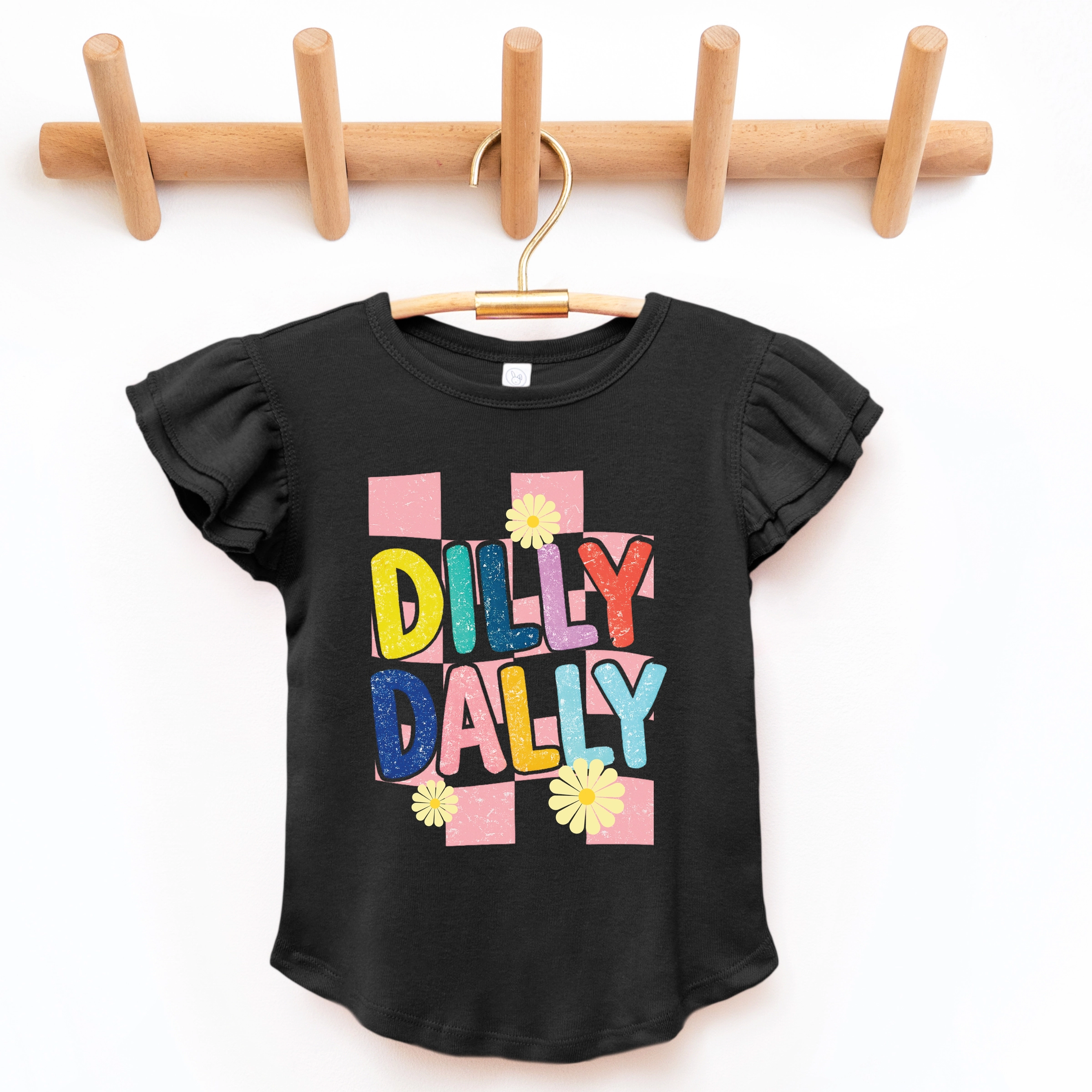 The Juniper Shop - Dilly Dally Checkered Girl's Flutter Sleeve Graphic T-Shirt