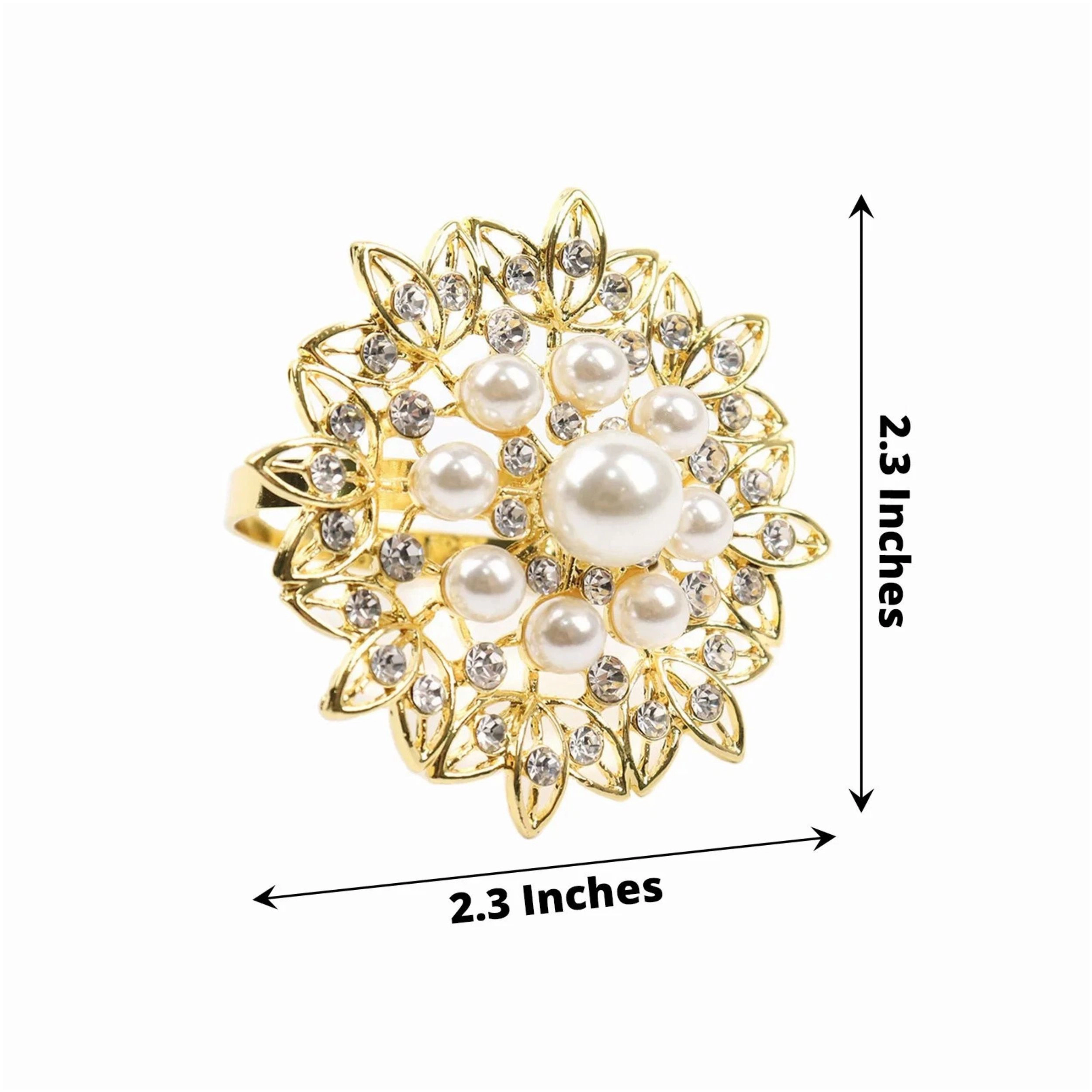 Home Collection Set of 4 Metal Flower Napkin Rings with Faux Pearls and Rhinestones