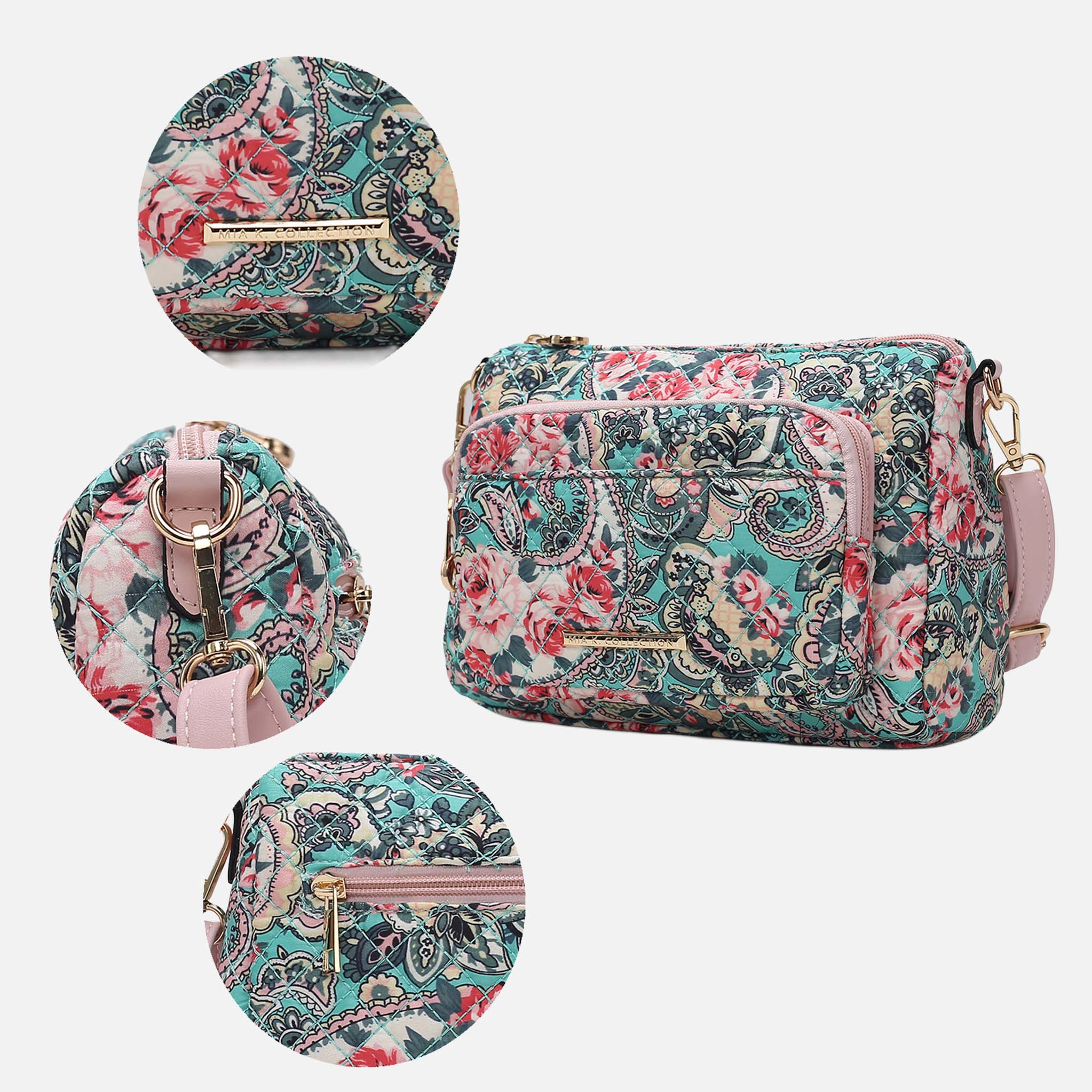 MKF Collection by Mia K.  Rosalie Shoulder Bag - Quilted Botanical Cotton with Adjustable Vegan Leather Crossbody Strap