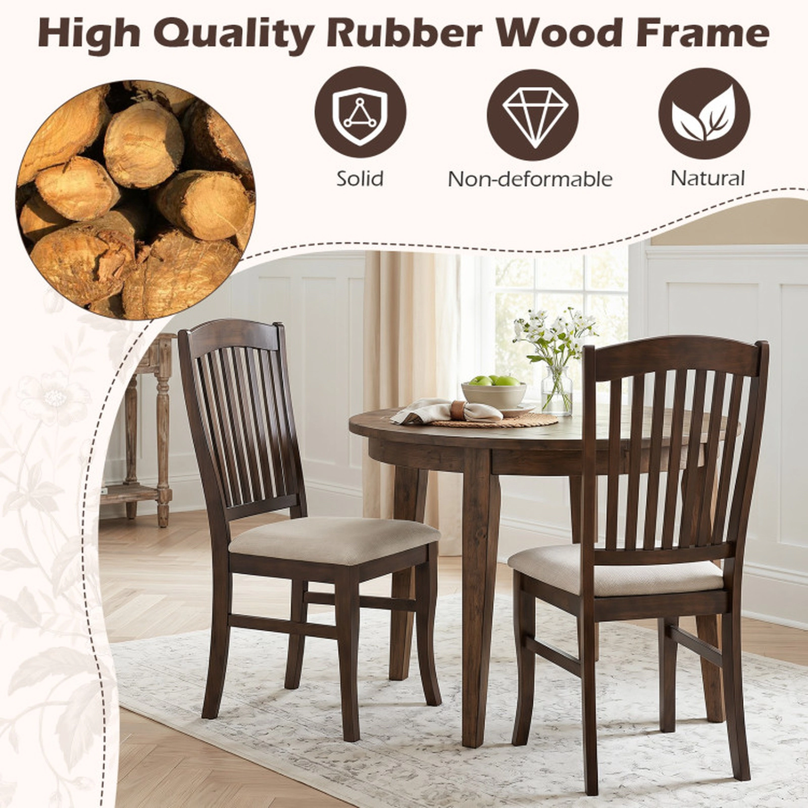 SUGIFT Set of 4 Kitchen Side Chairs with Rubber Wood Frame & Comfy Padded PU Leather Seat 400-lb Capacity Brown & White