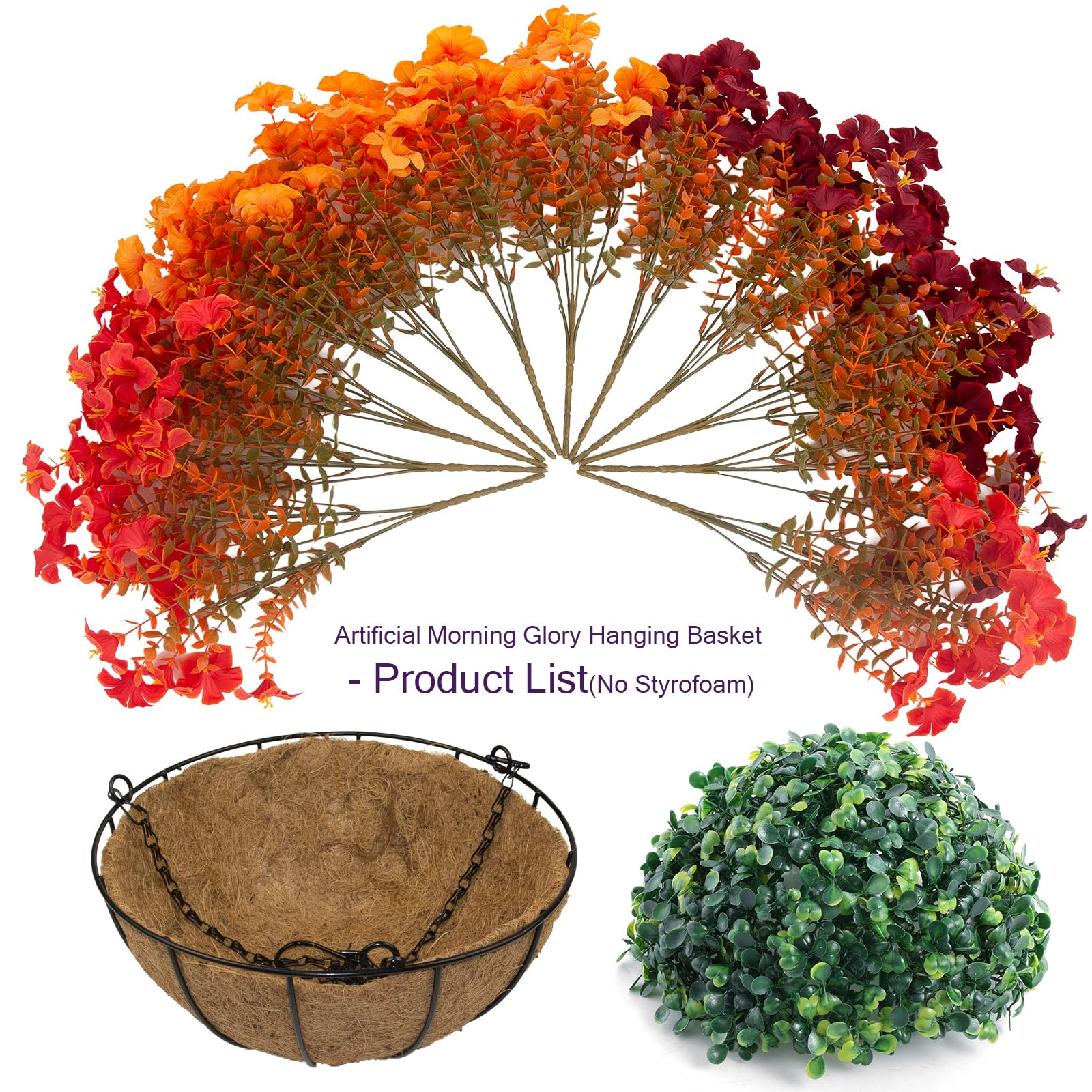 PUPWE 2 Set Artificial Outdoor Fall Flowers With Hanging Baskets  24 Faux Petunias Planter For Outside Porch Yard Garden