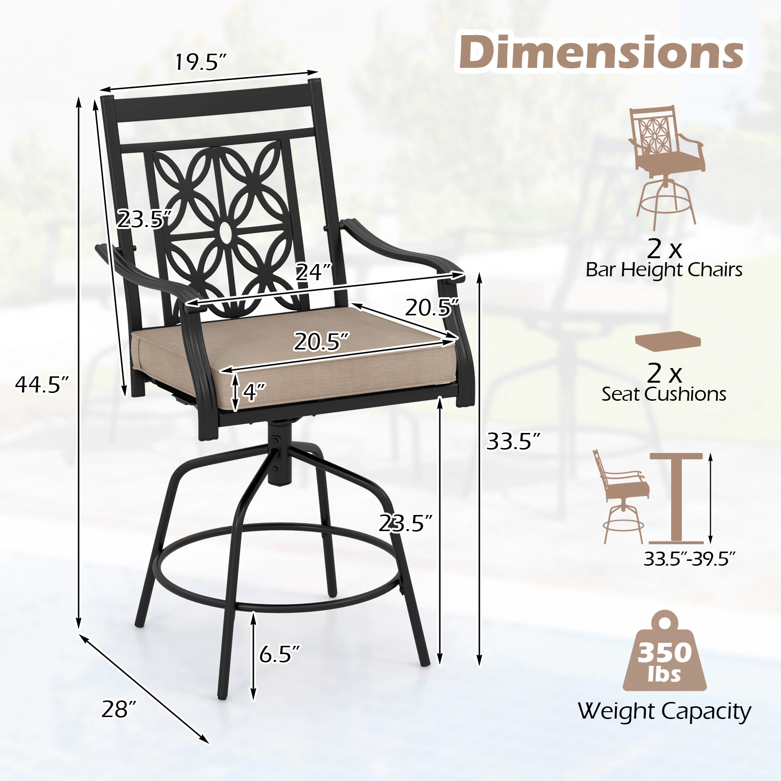 SUGIFT Set of 2 Brown Outdoor Swivel Bar Stools, 350 lb Capacity, Cushions and Armrests