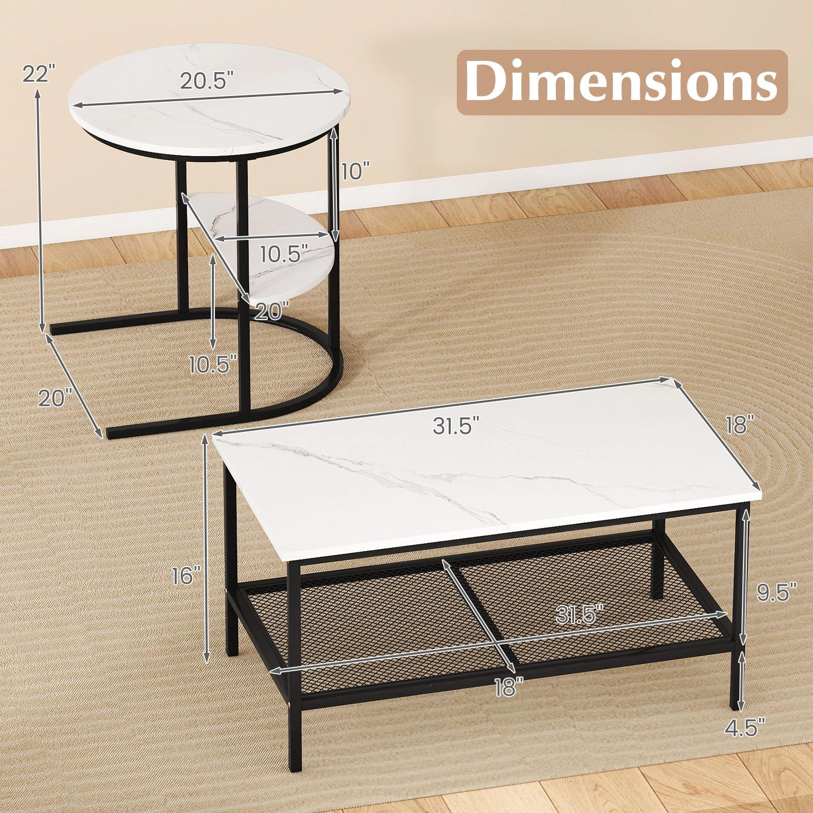 SlickBlue Faux Marble Coffee Table Set of 2  with Metal Frame Storage