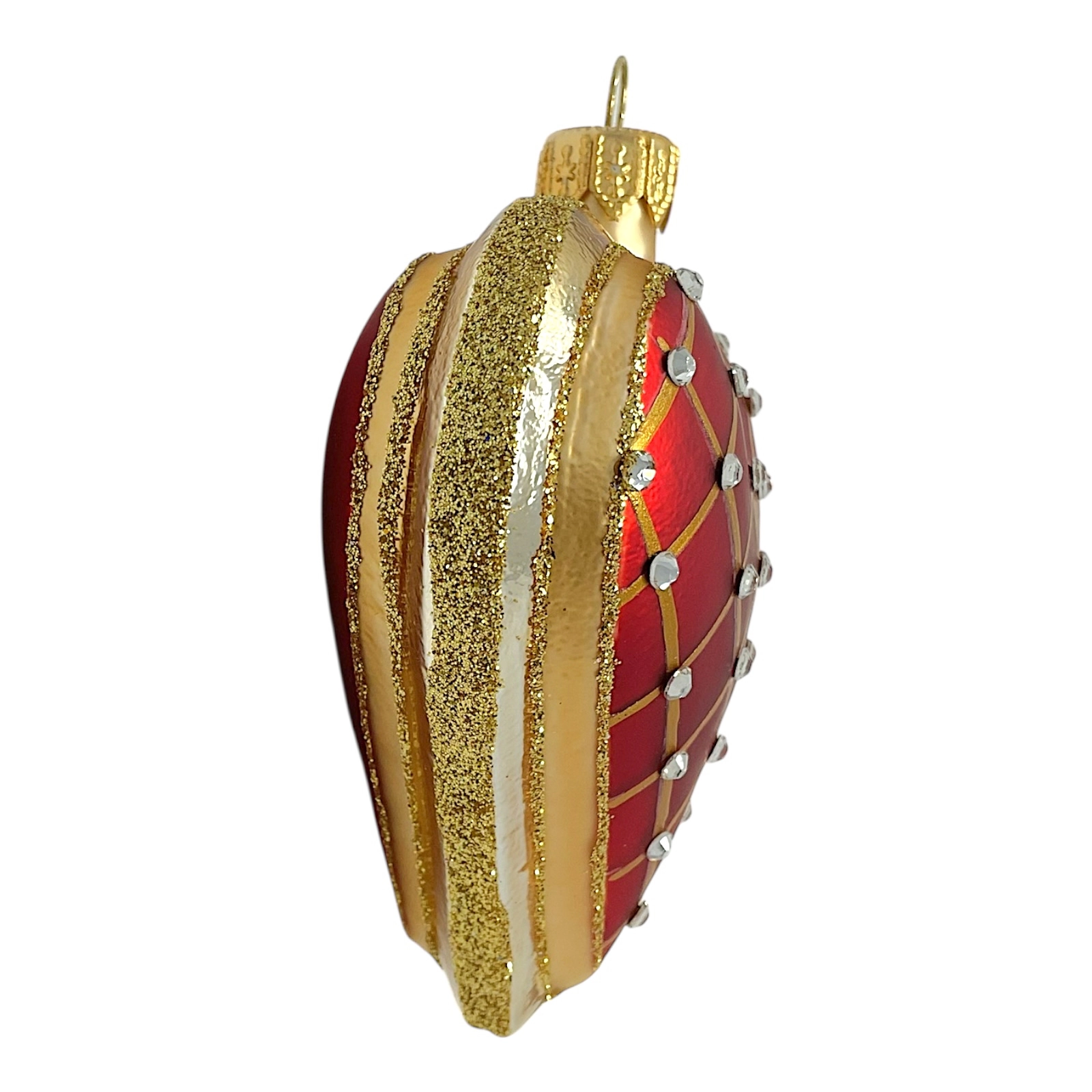 Pinnacle Peak Trading Company Red Heart with Gold Stripes Polish Glass Christmas Tree Ornament Made in Poland