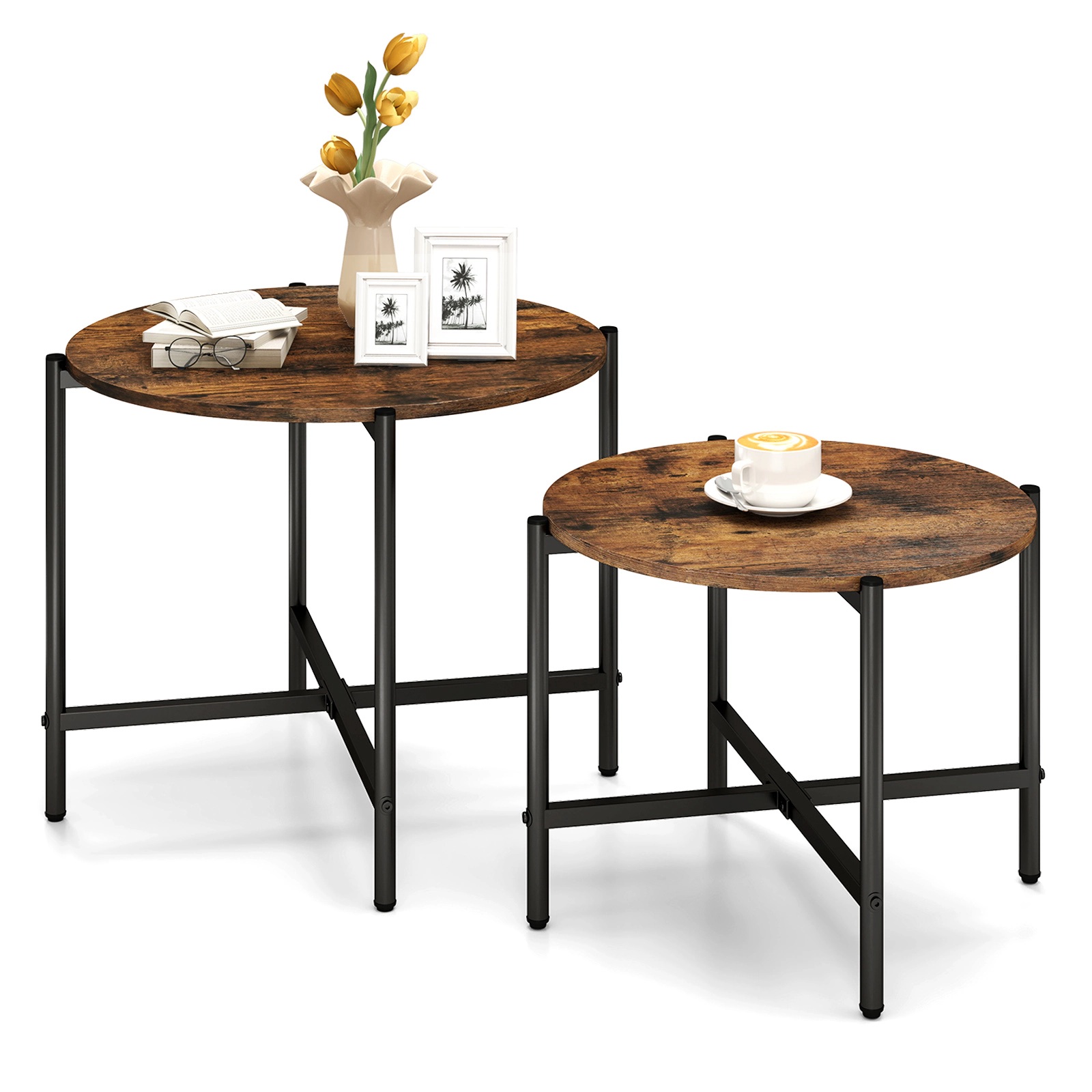 Glintex 2-Piece Round Nesting Coffee Table Set with X-Shaped Metal Frames