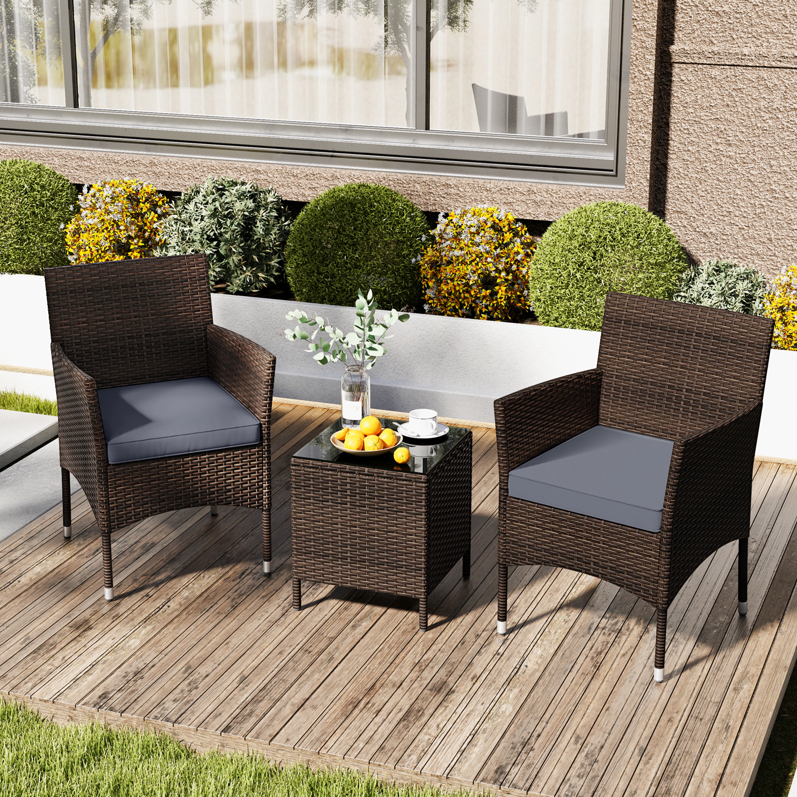 SUGIFT Conversation Set with Cushioned Seats and Glass Tabletop 400-lb Chair Capacity Mix Brown Rattan Gray Cushions