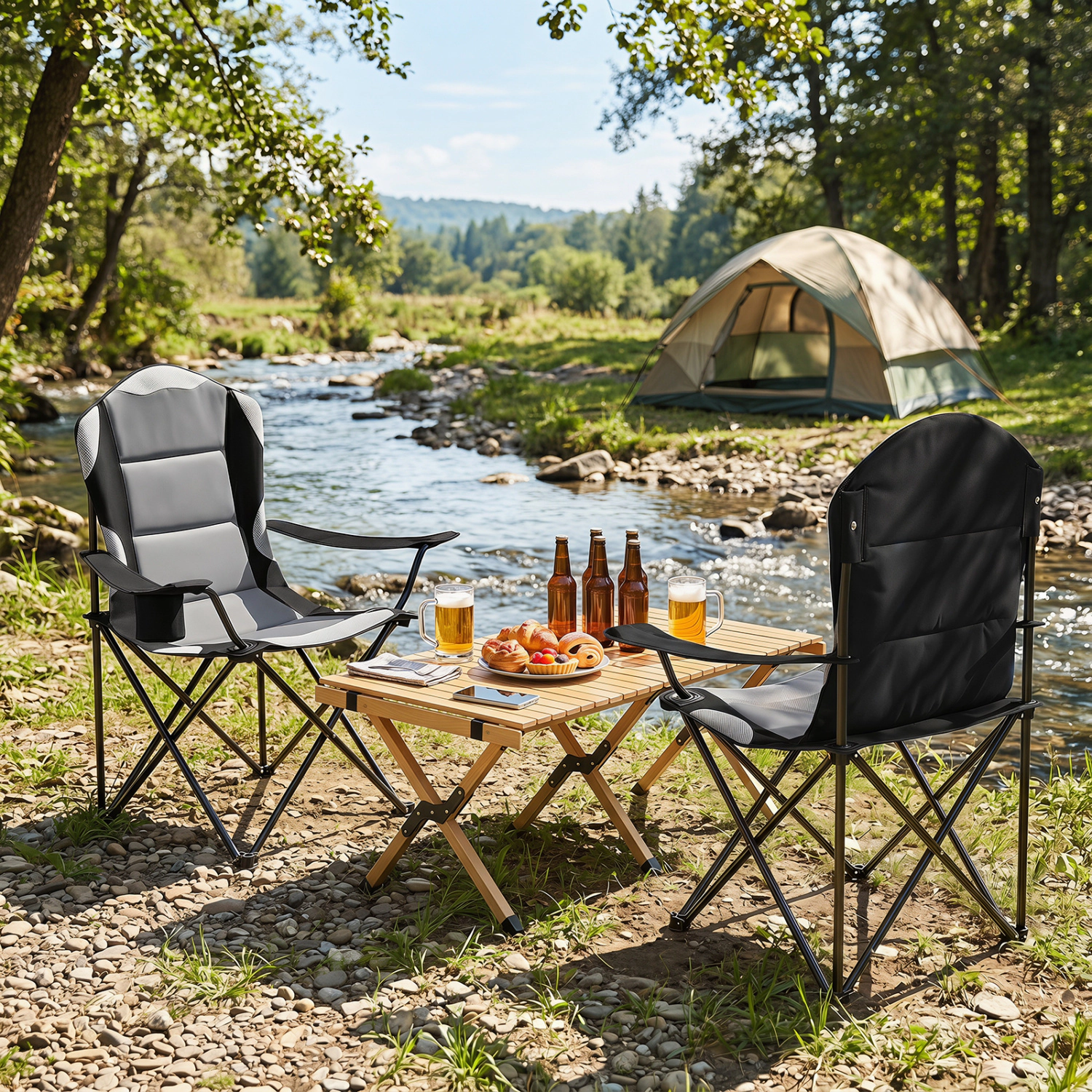 LJG 2 Pieces Folding Camping Chairs for Adults with Cup Holders