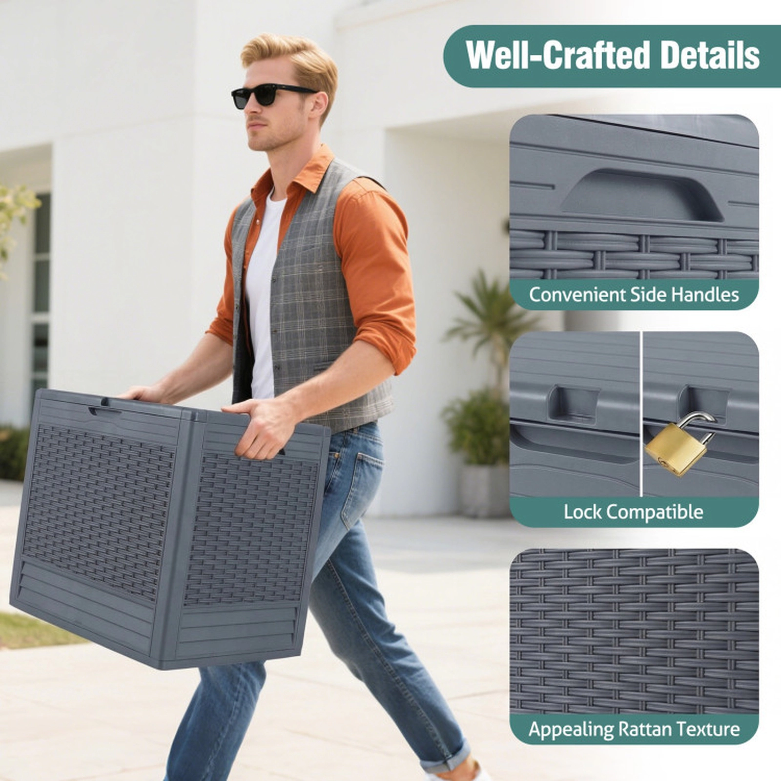 SUGIFT 25-gal 180-lb Capacity Gray All-Weather PP Outdoor Storage Deck Box with Lockable Lid and Rattan Texture