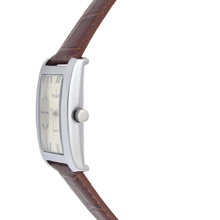 Peugeot Men's 30X40mm Silver Tank Shape Watch with Textured Dial Brown Leather Strap