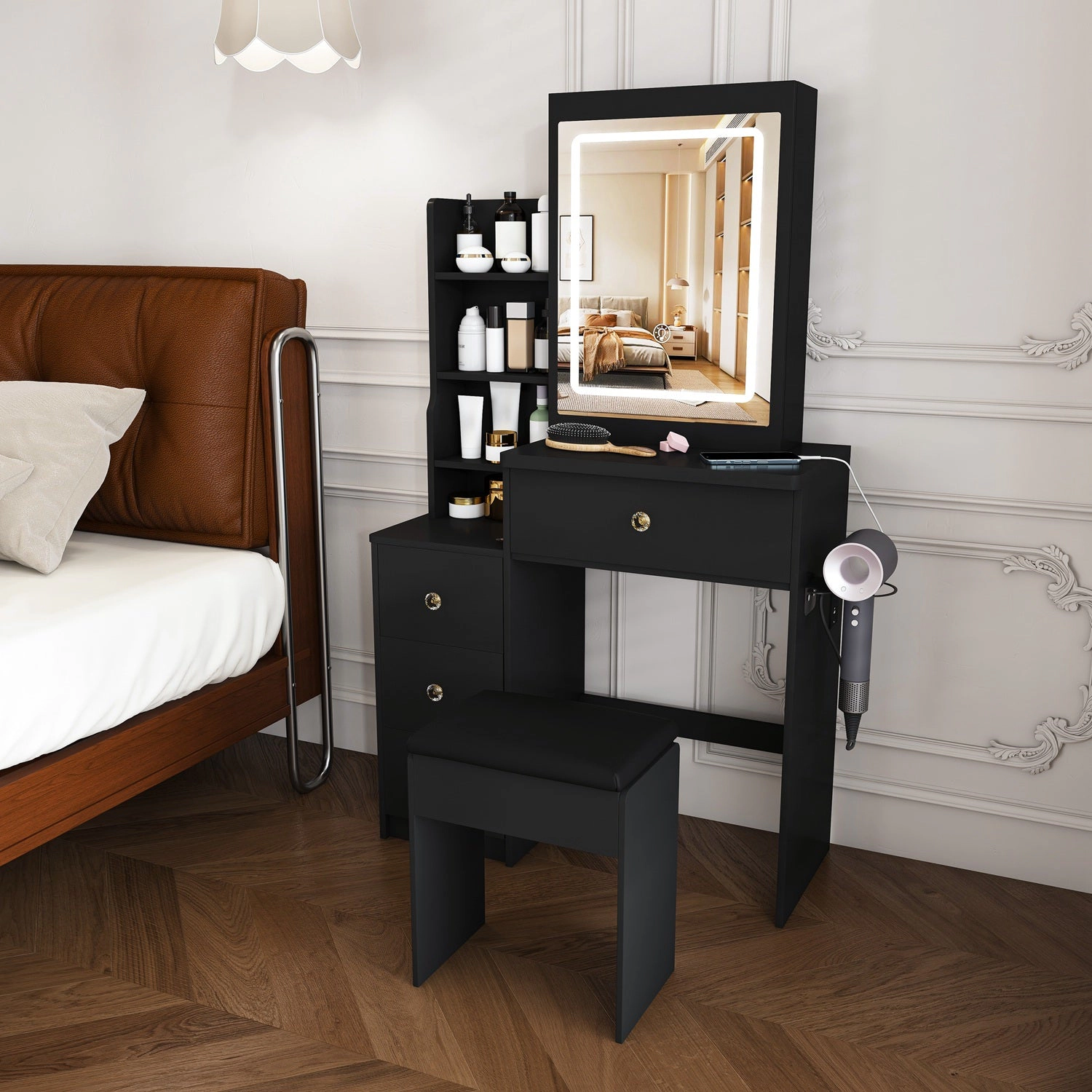 GBruno Lighted 4-Drawer Vanity Desk With Stool