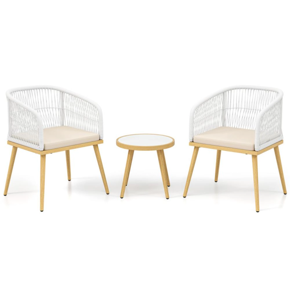 Hivvago 3 Pieces Outdoor Bistro Pe Wicker Conversation Furniture Set-White