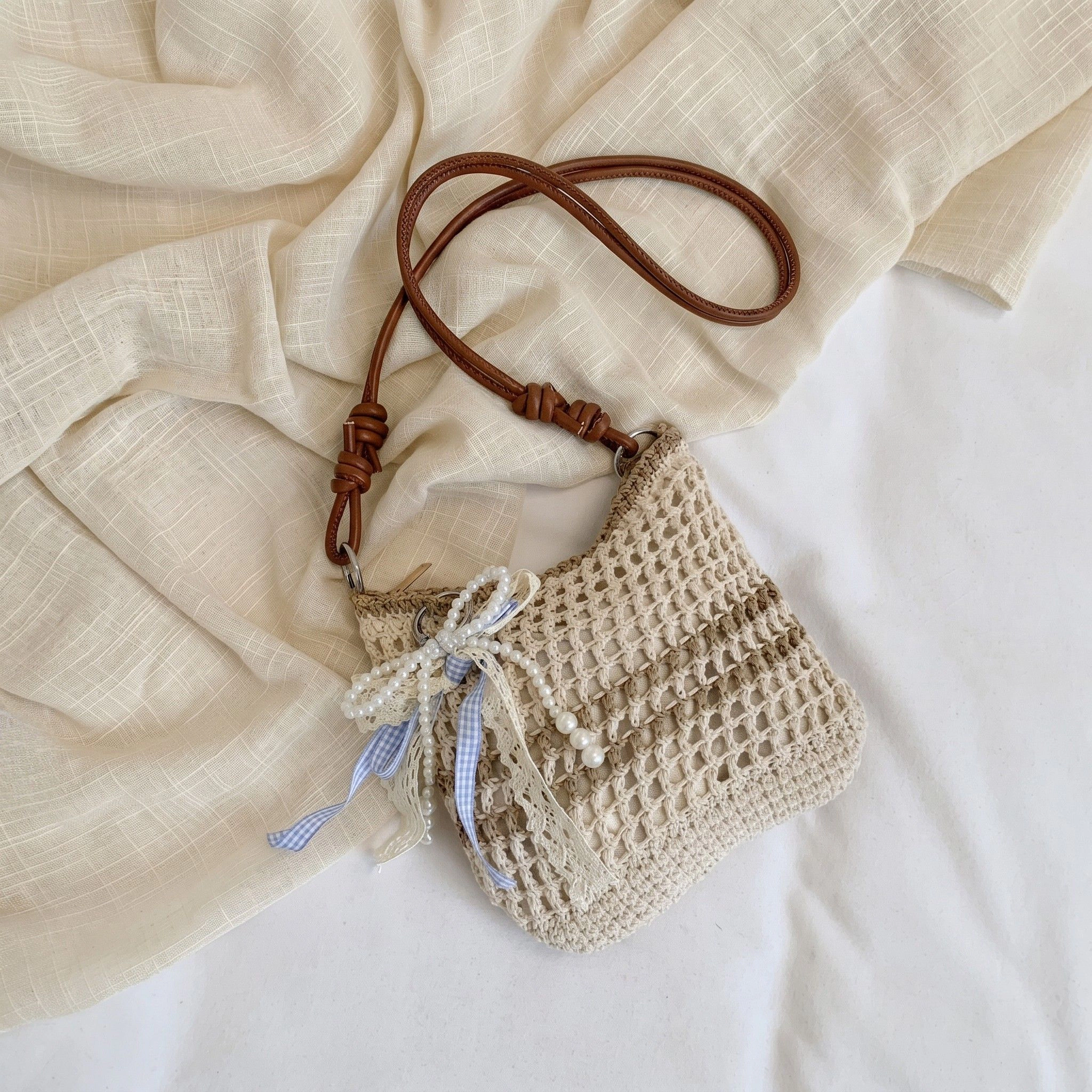 Alilang Women's Decorative Woven Crossbody Bag with Pearl Charm, Scarf Accent and Zip Closure, Khaki