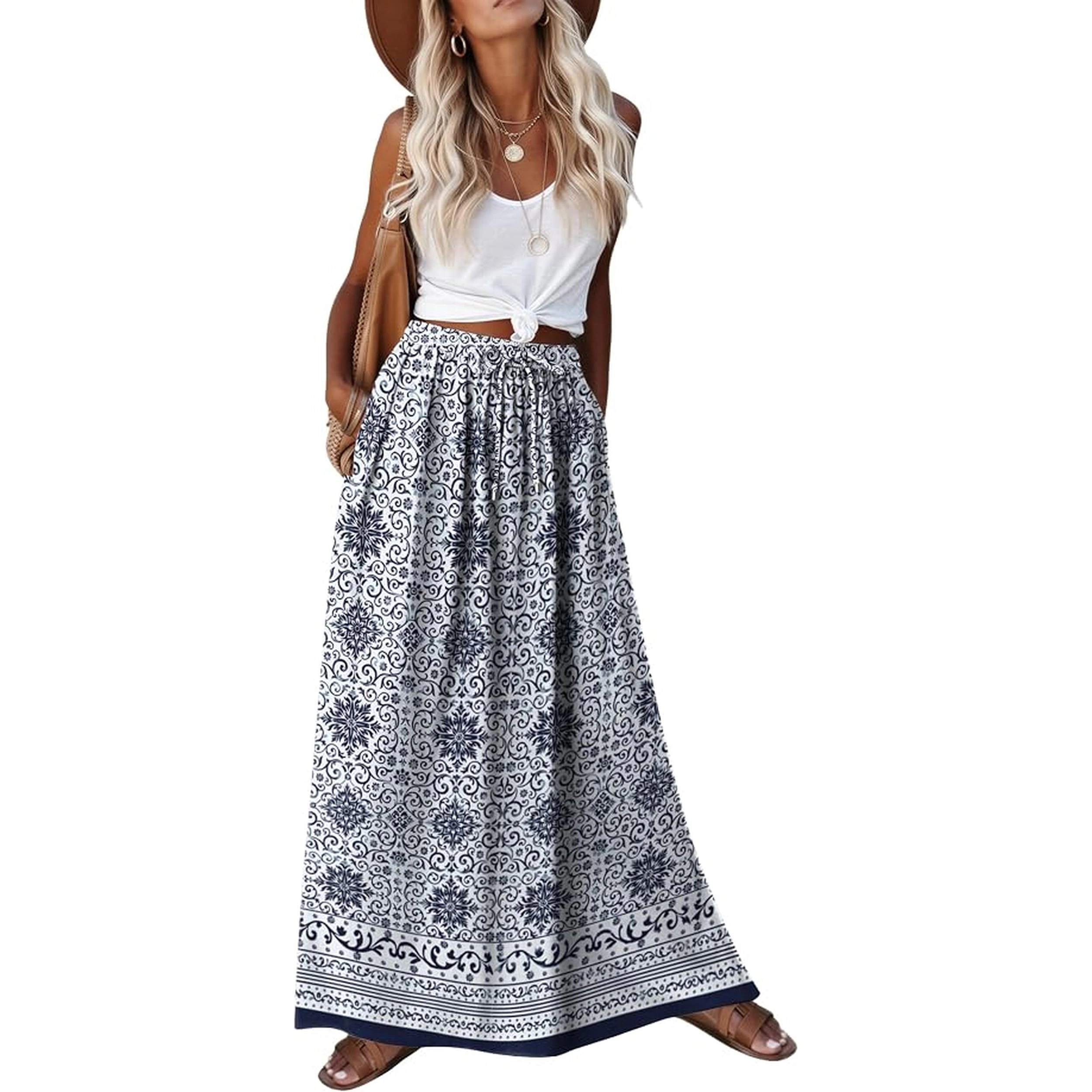Zeagoo Women's Boho Floral Maxi Skirt Elastic Waist with Pockets