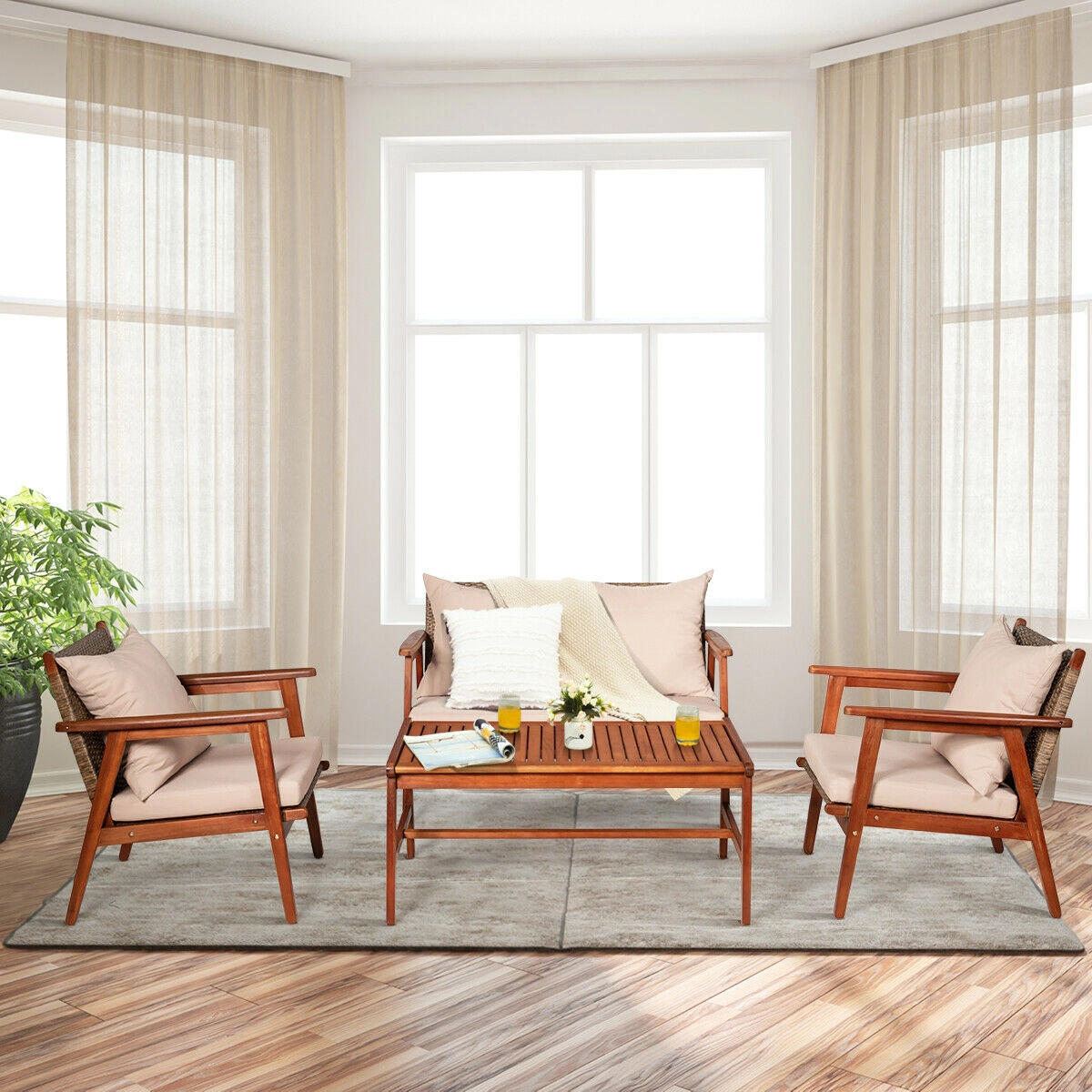 Hivvago 4 Pieces Acacia Wood Patio Rattan Furniture Set With Cushions
